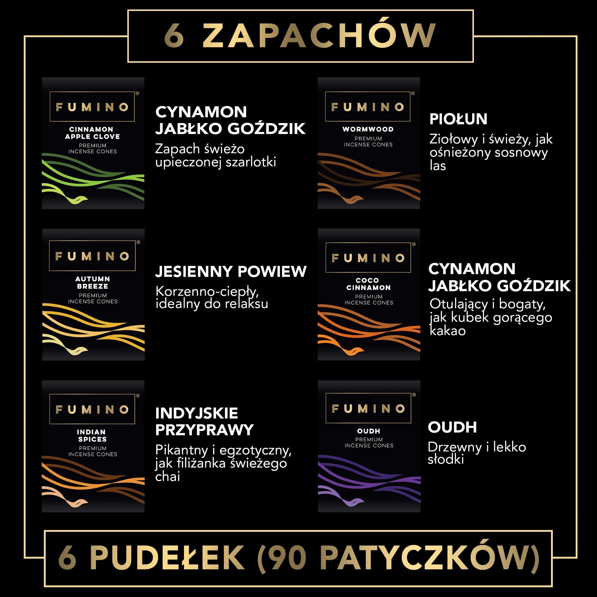 Stożki zapachowe Fumino Fresh – multipack Mróz przy ognisku, zestaw 6 opakowań (90 sztuk), kadzidełka Masala Agarbatti Joss do relaksu i medytacji, zapach do domu