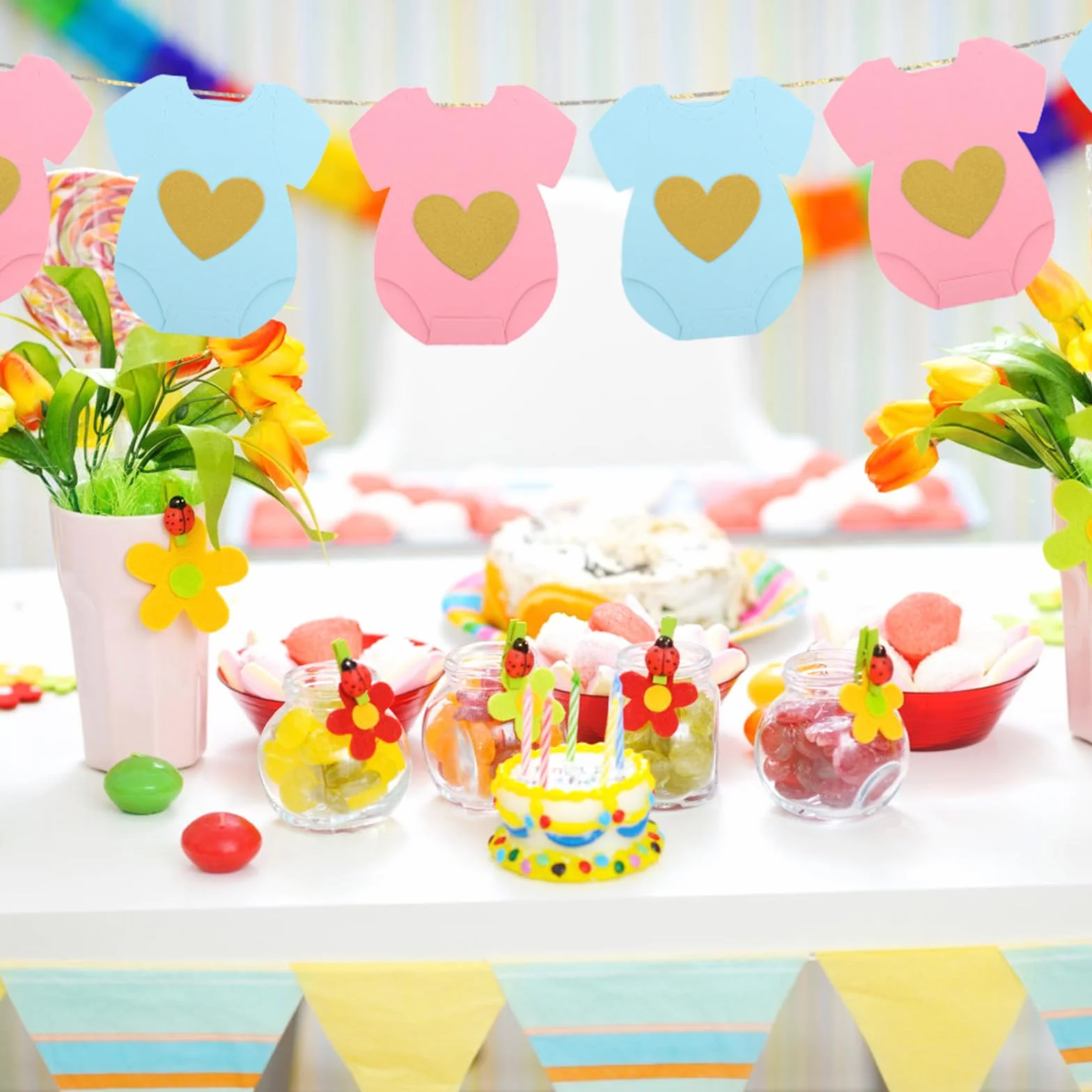 Niebiesko Różowa Papierowa Girlanda na Baby Shower, Body z Krótkim Rękawem Girlanda Sznurku do Bielizny Baner z Informacją o Płci Dziecka Dekoracja na Powitanie Noworodka (Niebieski, Różowy)