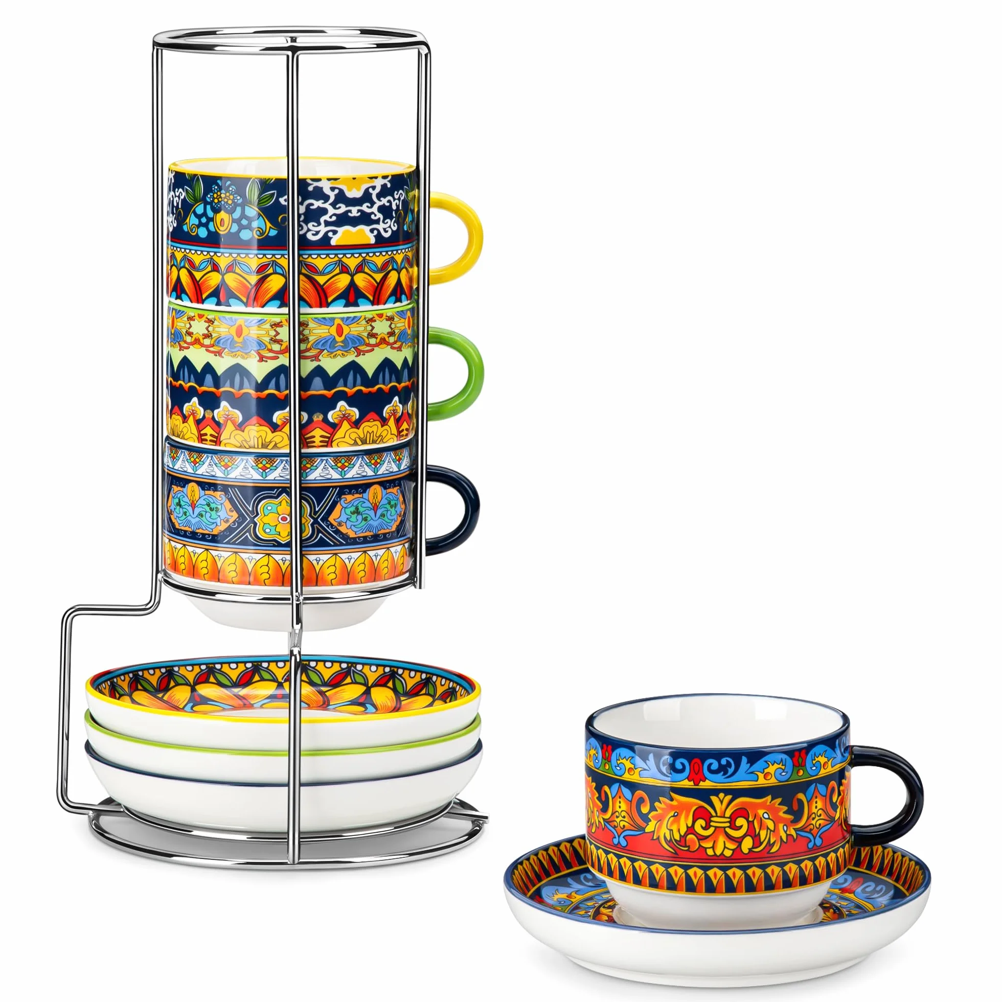 vancasso Zestaw 4 filiżanek do kawy, 270 ml, filiżanki ze spodkami i metalowym stojakiem, układane, grubościenna porcelana, zmywalne w zmywarce – seria KRVI, idealne do latte, cappuccino i herbaty