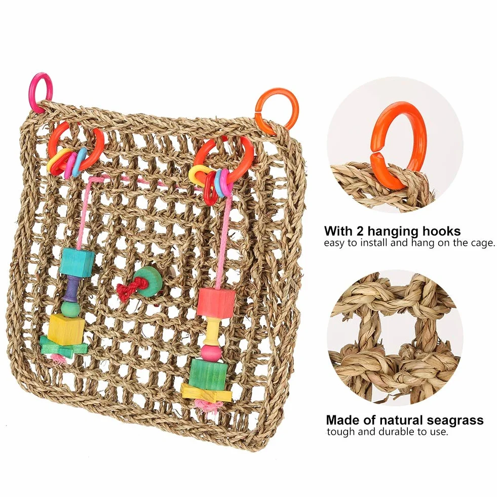 Seagrass Parrot Chew Toy | Hanging Net Mat for Bird Exercise & Entertainment | Secure Bird ToyCage Accessory | 12.6x12.6 Inches with 2 Hooks