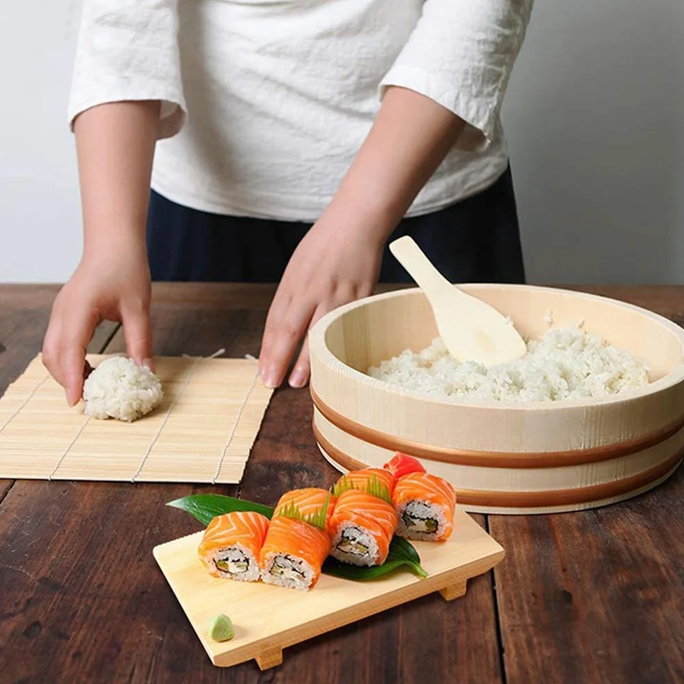 Adima Japońska drewniana Hangiri sushi miska do mieszania ryżu z miedzianą opaską sushi oke biała sosna drewno do sushi restauracji domu kuchni 12 rozmiarów, 27 x 7,5 cm