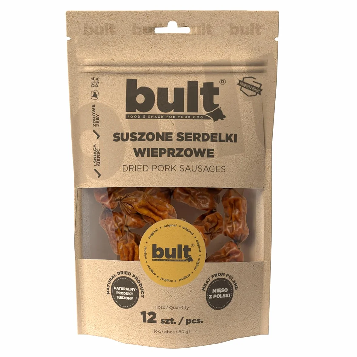 Przysmaki dla Psa Serdelki Wieprzowe Naturalne 80g 12 szt. Karma Uzupełniająca Bogate w Białko