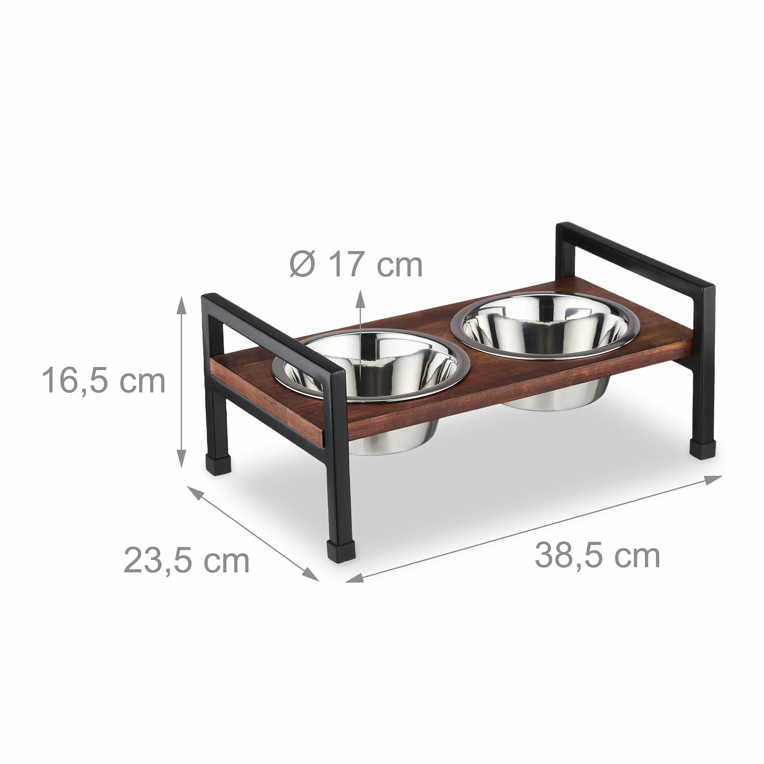 Relaxdays Miski dla psów ze stojakiem, podwyższony karmnik, 2 naczynia ze stali nierdzewnej, 750 ml każda, drewno mango i żelazo, brązowy/czarny, 70% 20% 10%, 16,5 x 38,5 x 23,5 cm