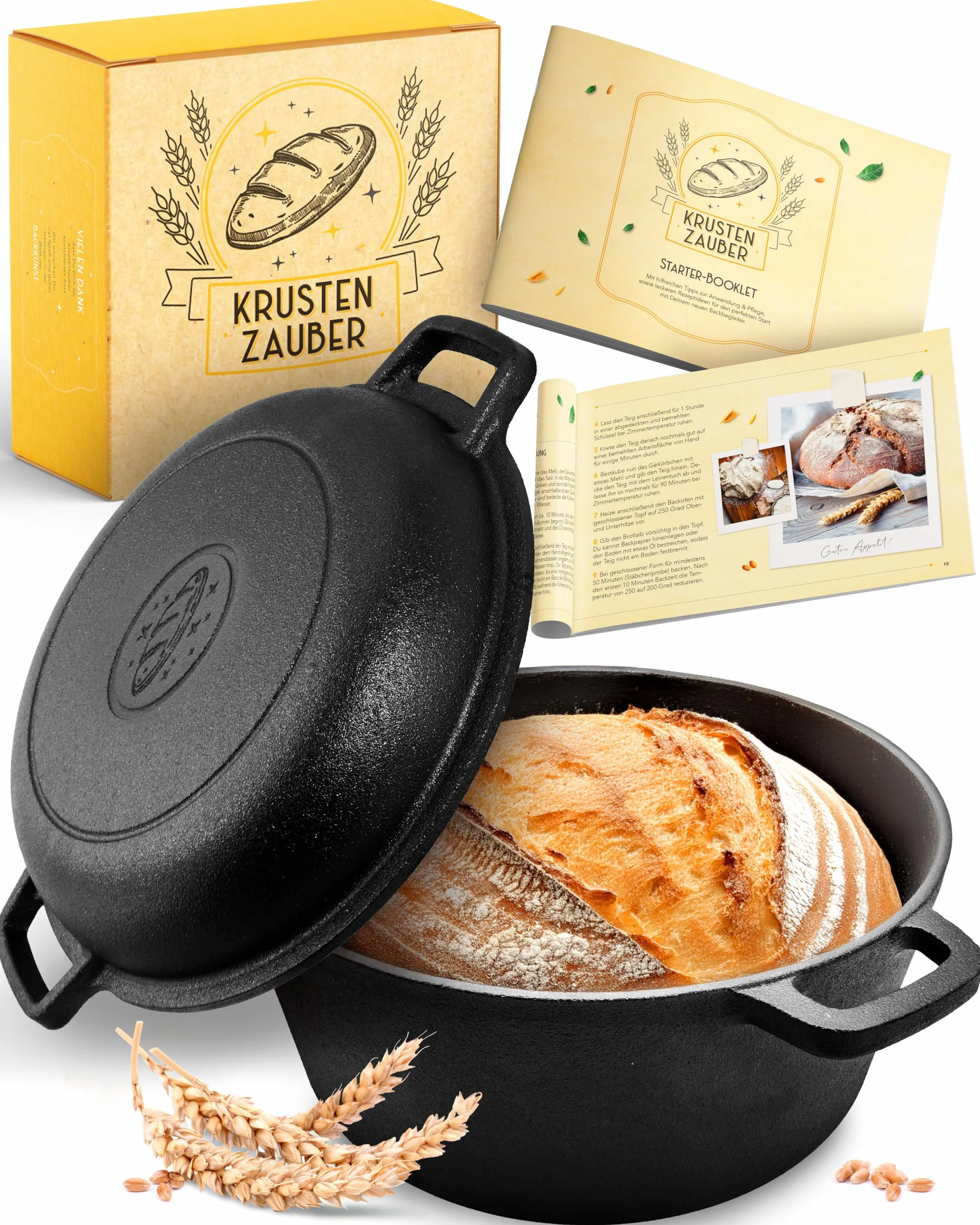 KRUSTENZAUBER Żeliwny Garnek do Pieczenia Chleba 26 cm z Pokrywką - Forma do Samodzielnego Przygotowania, Akcesoria