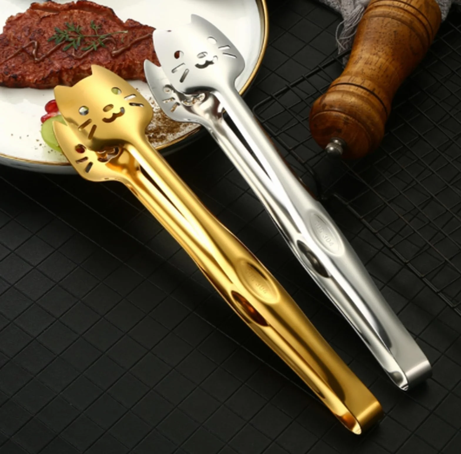 Szczypce Kuchenne Gotowania Szczypce Do Grilla Ze Stali Nierdzewnej Do Mocowania Żywności. Samoobsługowy, Antypoślizgowy Uchwyt Szczypce Do Grillowania(Gold)