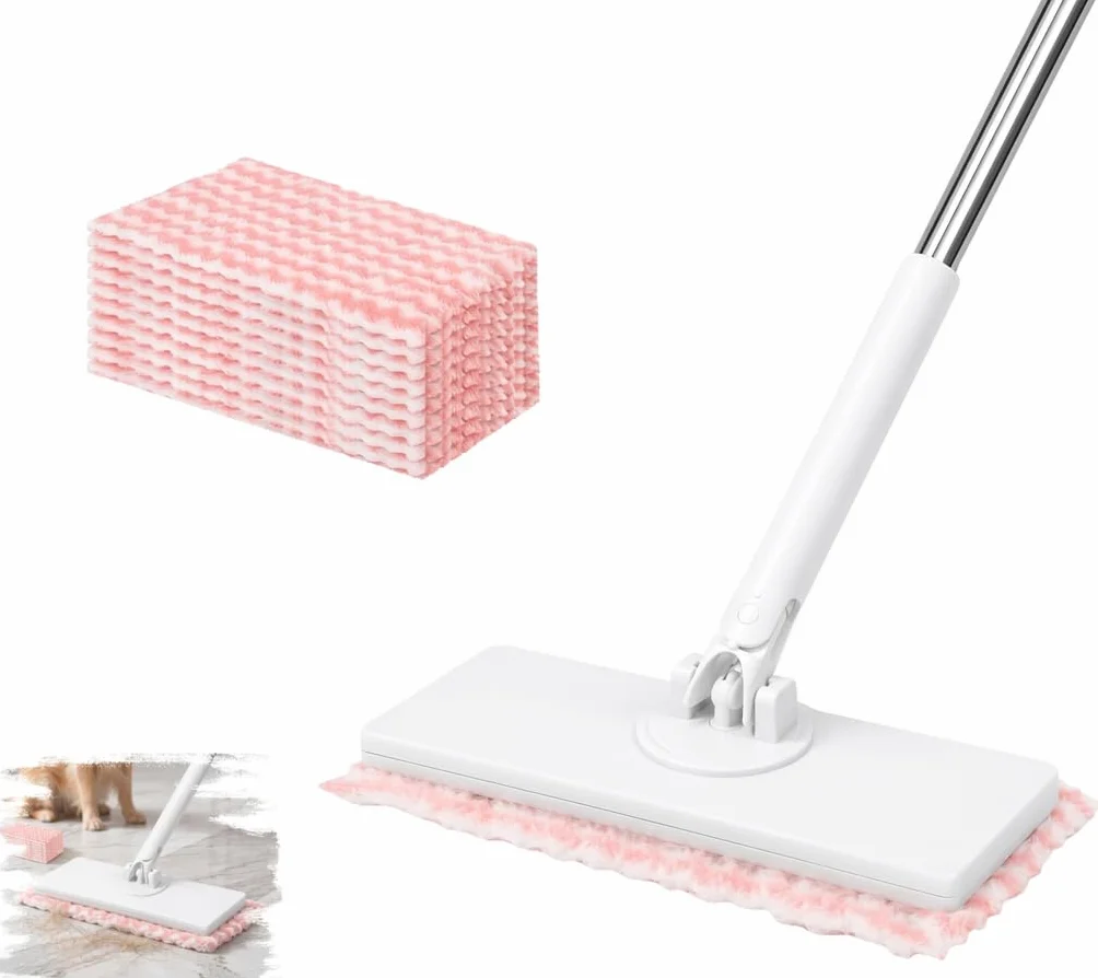 Mop z systemem zaciskowym i zaciskowym, podłoga z 10 ścierkami z mikrofibry wielokrotnego użytku, bez mycia rąk, jeden przycisk do wymiany, mini mop z automatyczną ściereczką zaciskową, do domu i