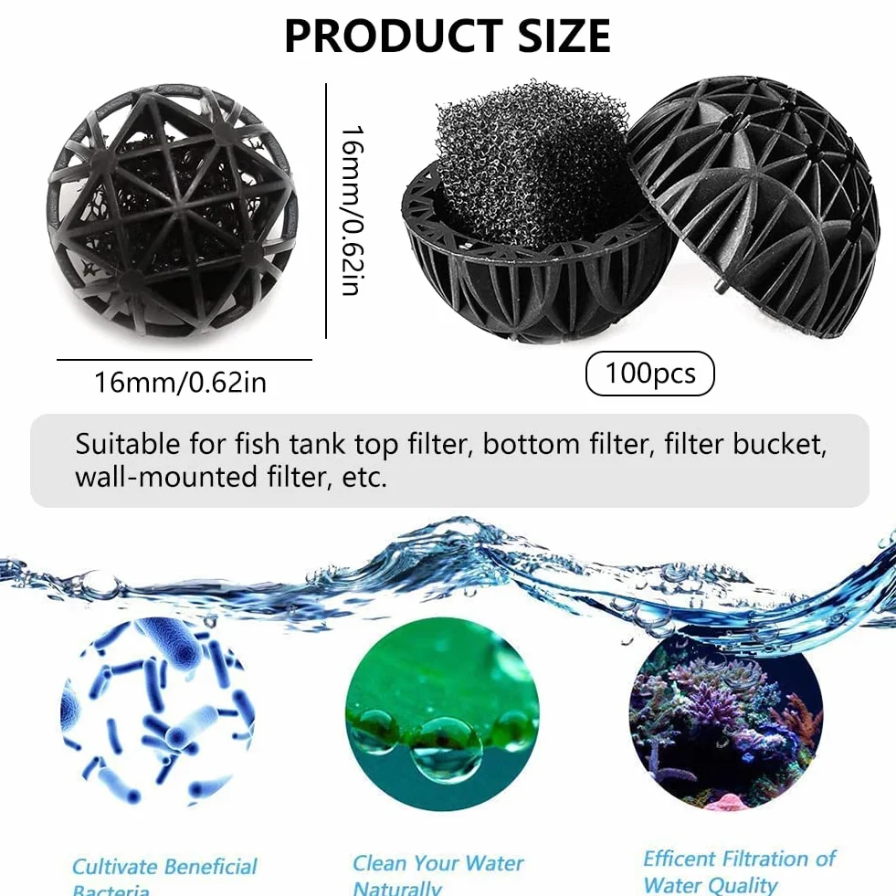 Butyeak Kulki biofiltracyjne do akwarium, Kulki biofiltracyjne, Kulki do filtra akwarium, 100 sztuk Kulki biochemicznego filtra, Zmniejsza liczbę wymian wody, Materiał filtracyjny do zewnętrznego