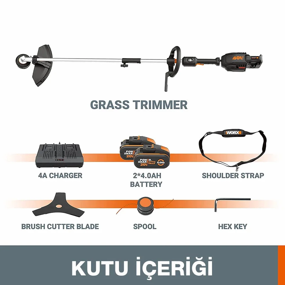 WORX Przecinarka do trawy i podkaszarka Nitro 38 cm 40 V (2x20V) | PowerShare | Silnik bezszczotkowy | WG186E.1-2 akumulatory 4Ah | Ładowarka | 2 w 1 | Podwójny gwint