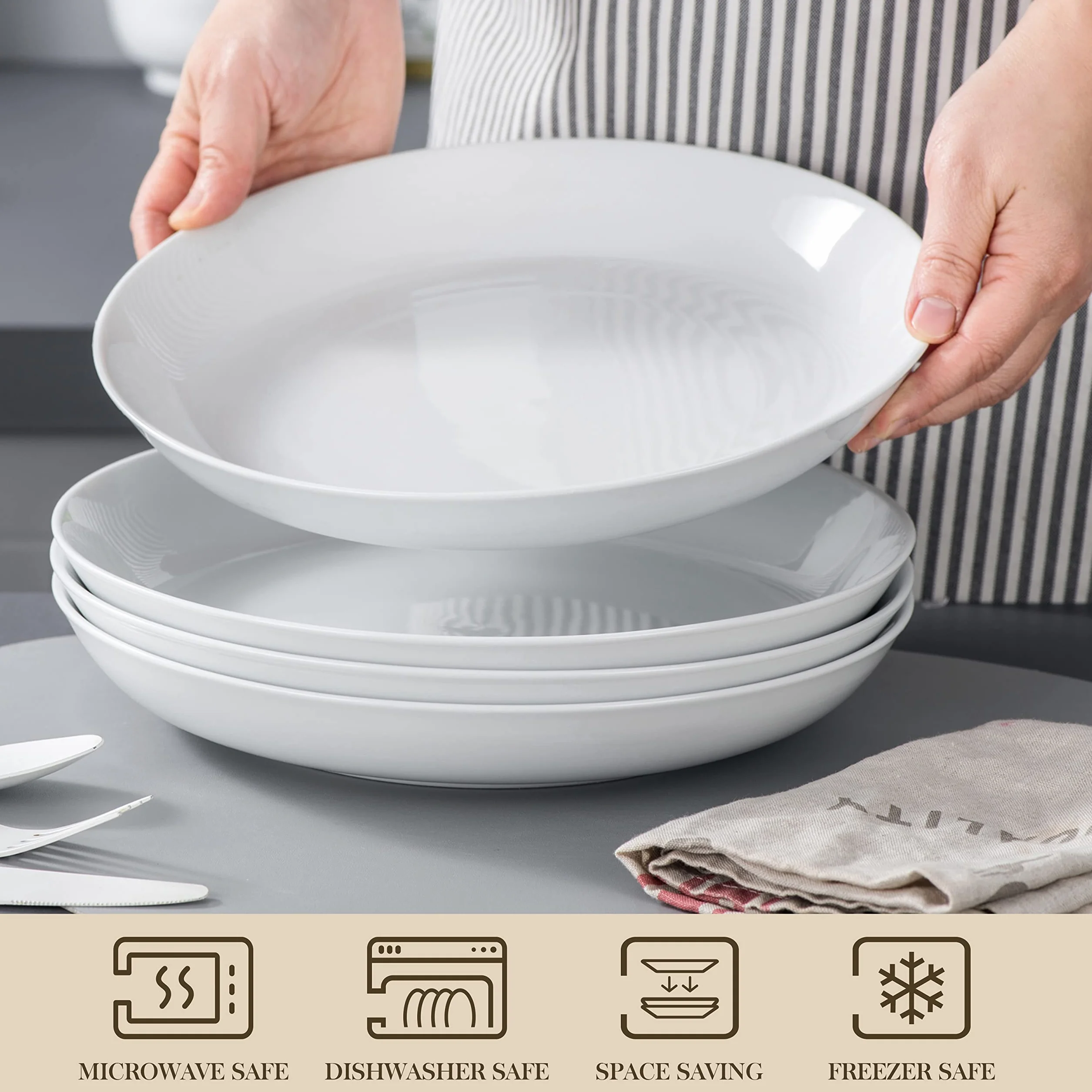 MALACASA Seria Regular, 1300 ml Porcelanowe talerze do makaronu, puste naczynia, 4 sztuki, zestaw misek do sałatek, biały