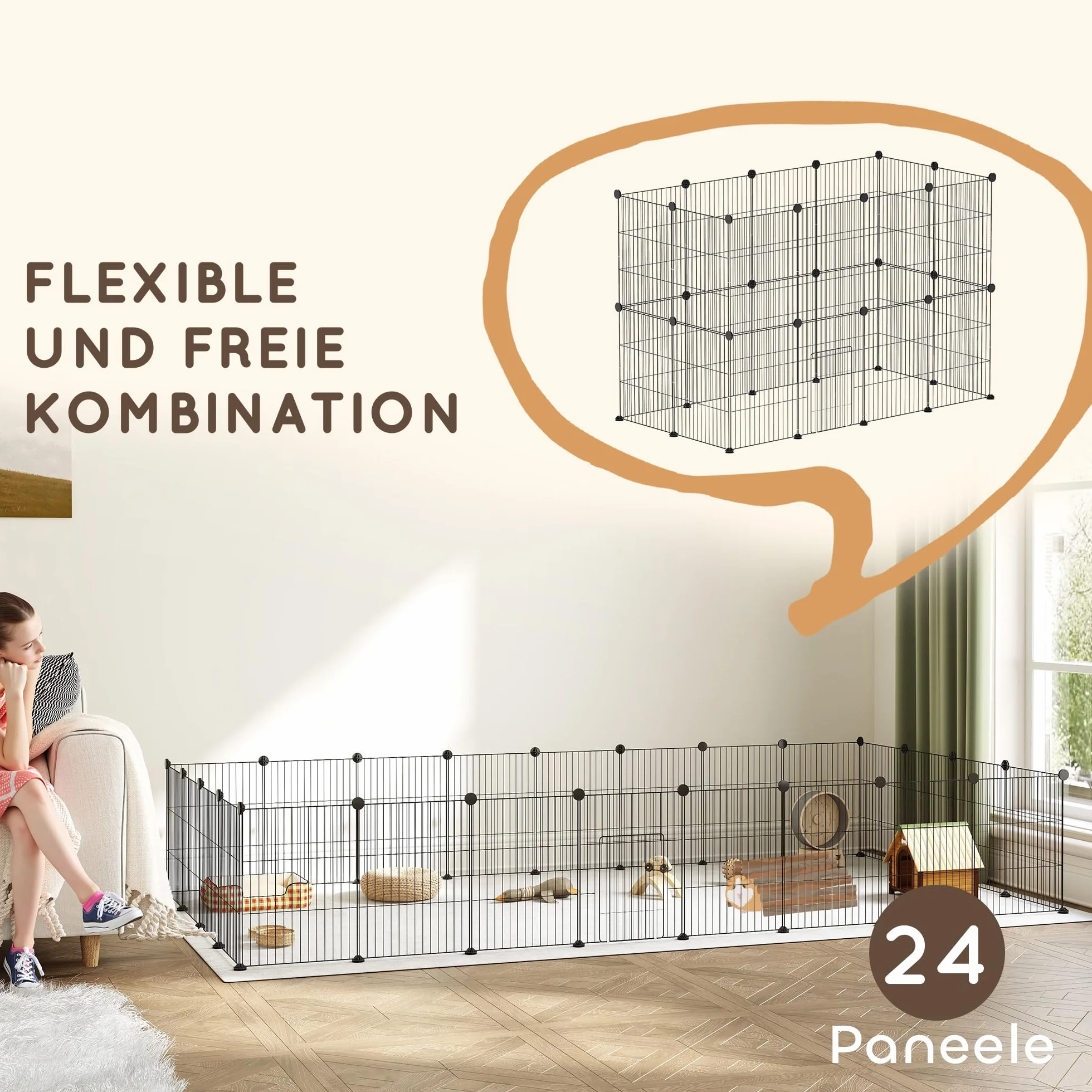 PawHut Wybieg dla królików, świnek morskich, małych zwierząt, z drzwiami i kratką ze stali, do wnętrz, 120 x 60 x 80 cm, czarny
