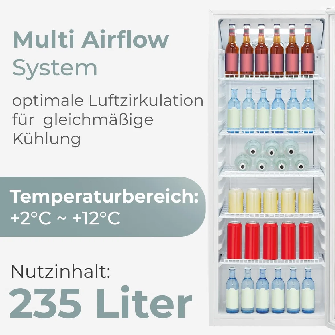 Lodówka Bomann® z drzwiami szklanymi, Klasa energetyczna C, 143 cm, Lodówka na napoje 2-12°C, MultiAirflow, 5 półek drucianych, Odwracalny zawias drzwi, 236 l, Chłodziarka na butelki, KSG 7292, biała
