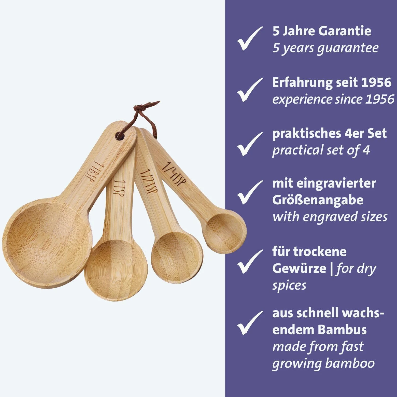Westmark Zestaw łyżek miarowych Woody – 4 wysokiej jakości łyżki miarowe, idealne do suchych składników i przypraw, 1, 1/2 i 1/4 łyżeczki oraz 1 łyżka stołowa – bambusowe, 4 szt.