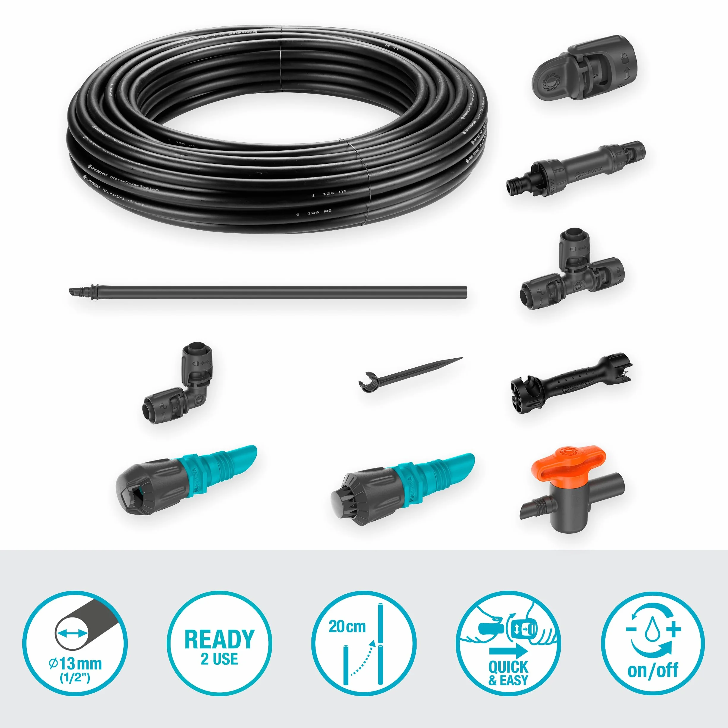 Gardena system Micro-Drip nawadnianie kropelkowe, zestaw do grządek warzywnych/kwiatowych (40 m²): Zest. start. gotowy do zast., wodooszcz. sys. nawad., prosta i elast. tech. połącz. (13450-20)