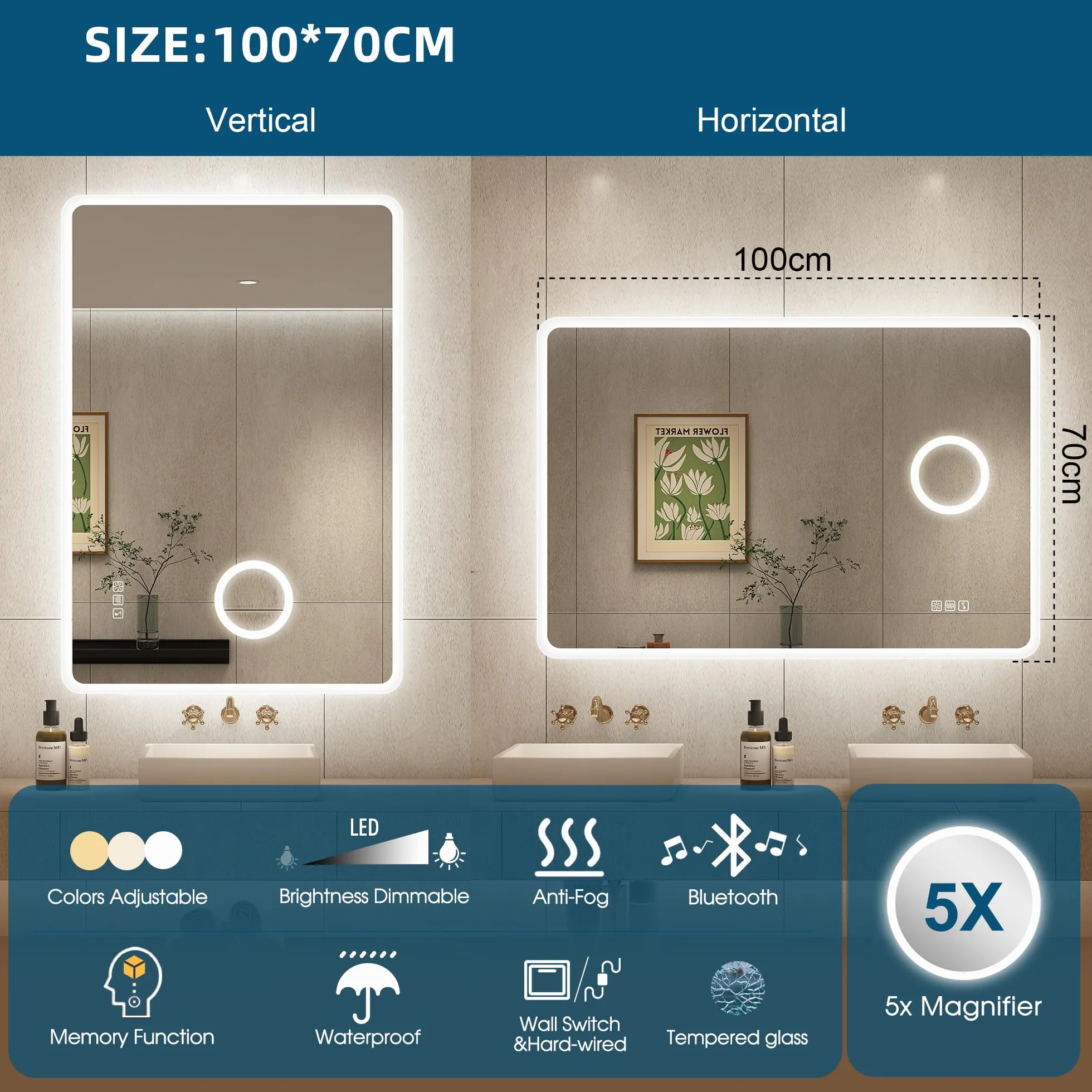 STARLEAD Lustro łazienkowe LED z Bluetooth i lupą 5x, 70 x 100 cm, z oświetleniem, odparowywanie, ściemnianie, 3 temperatury barwowe, funkcja pamięci, IP44, szkło hartowane