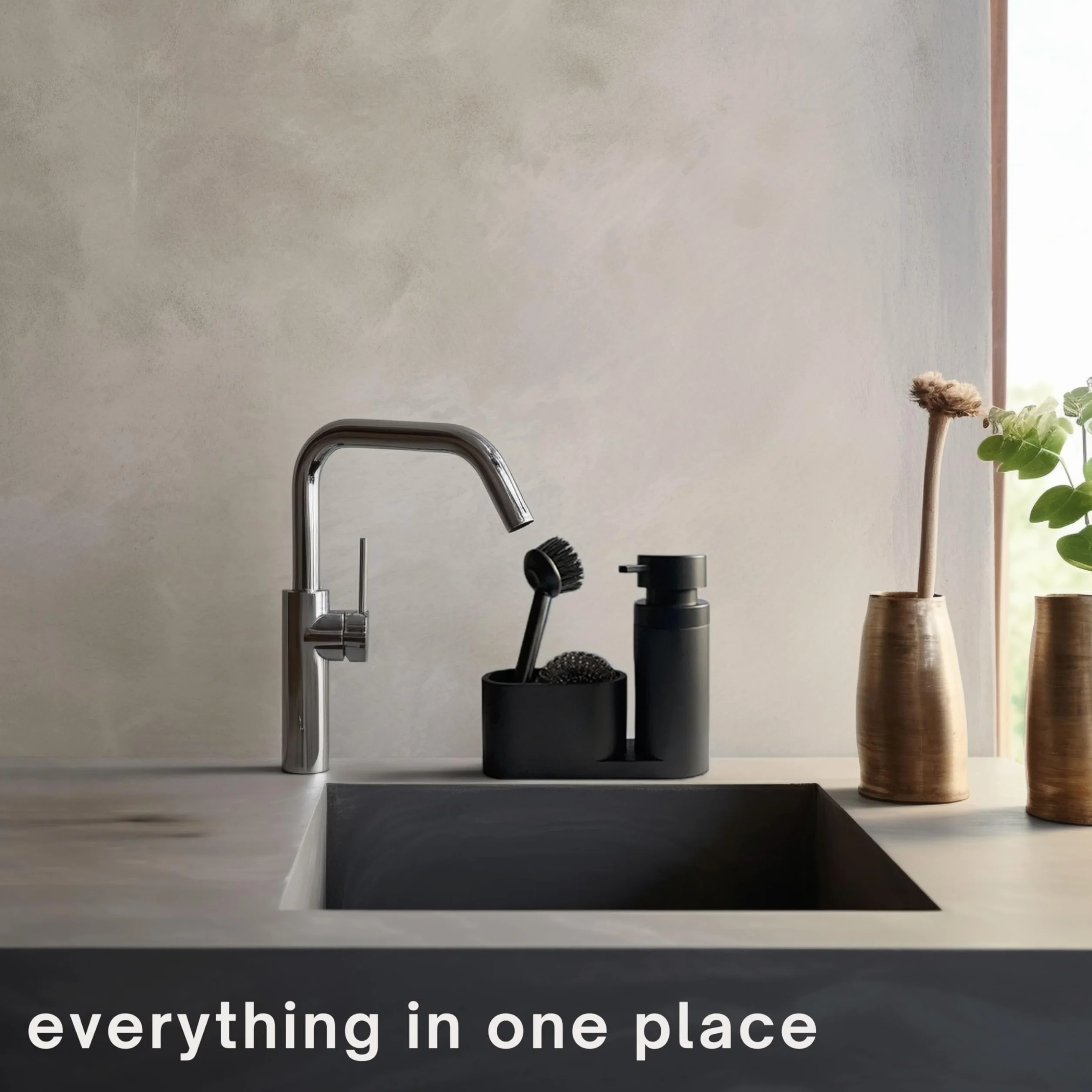 Black Sweden Home Designerski organizator do zlewozmywaka z sztucznego kamienia – czarny matowy zestaw dozownik płynu do mycia naczyń