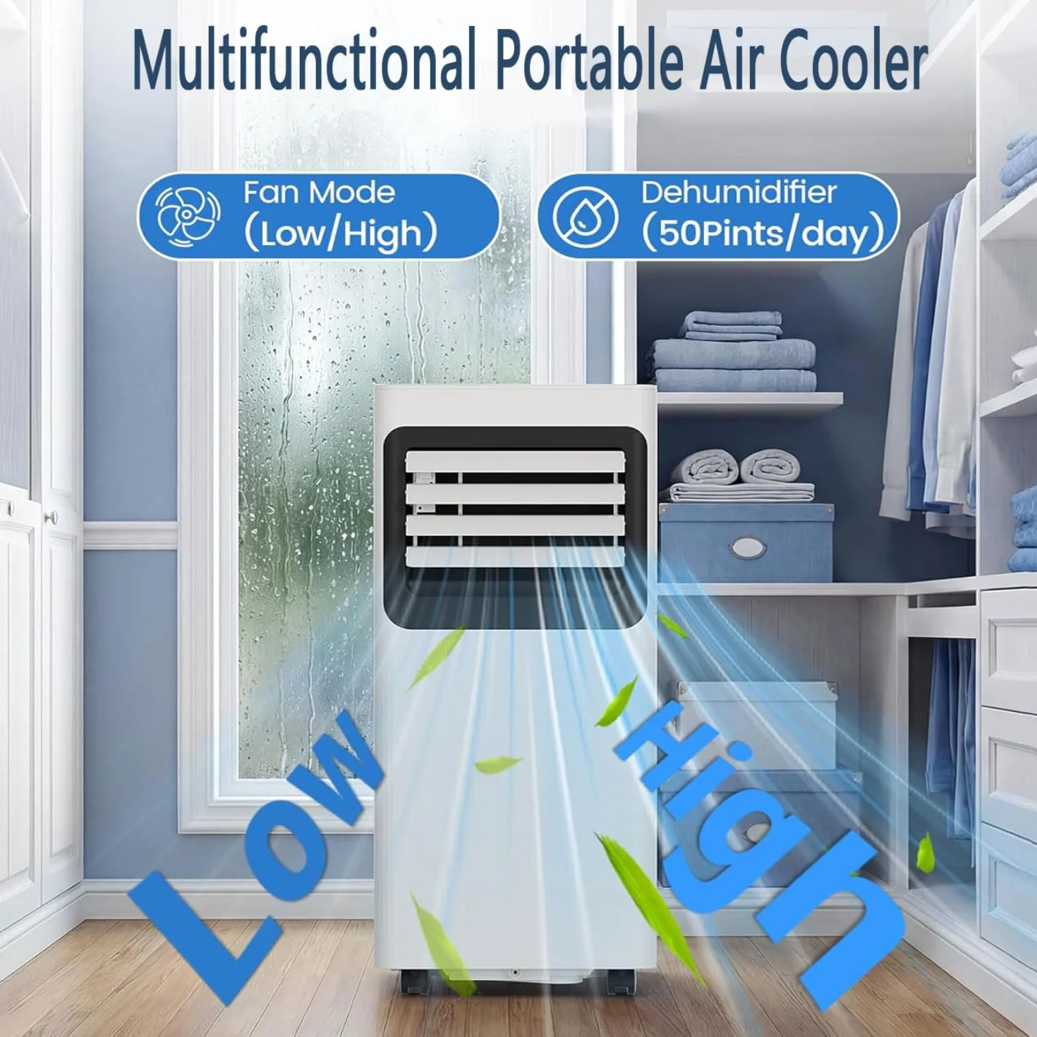 Przenośny klimatyzator, 350 Sq Ft Smart AC Unit w/Remote & 24H Timer, Cichy wentylator osuszający do biura sypialni, łatwy do przenoszenia kółka, oszczędzanie energii z zestawem instalacyjnym
