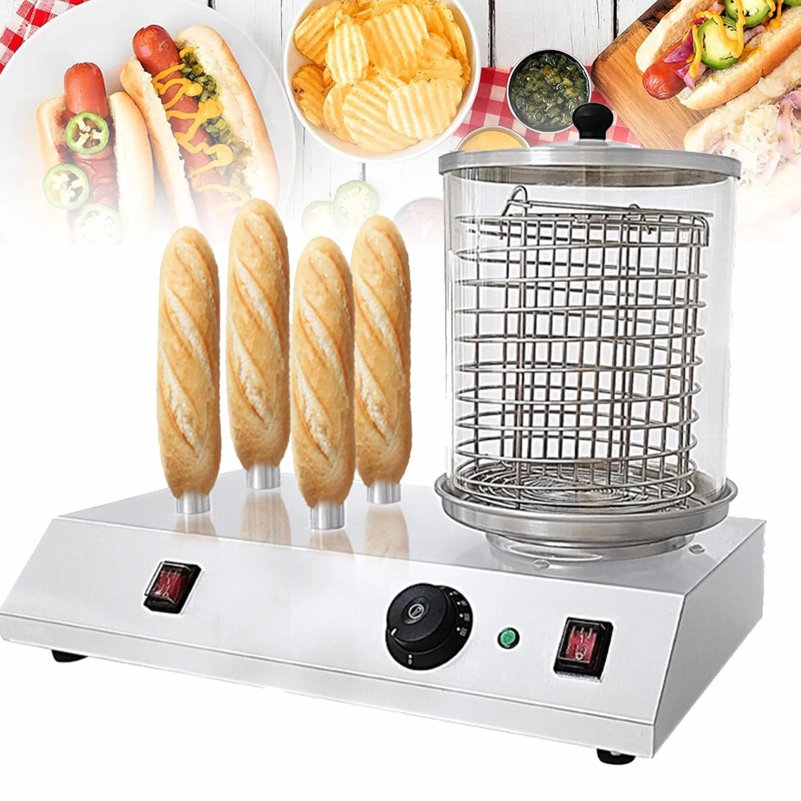 Elektryczna maszyna do robienia hot dogów, 458W, komercyjna maszyna do podgrzewania pieczywa kiełbasianego, z bułką, do restauracji i dla rodzin