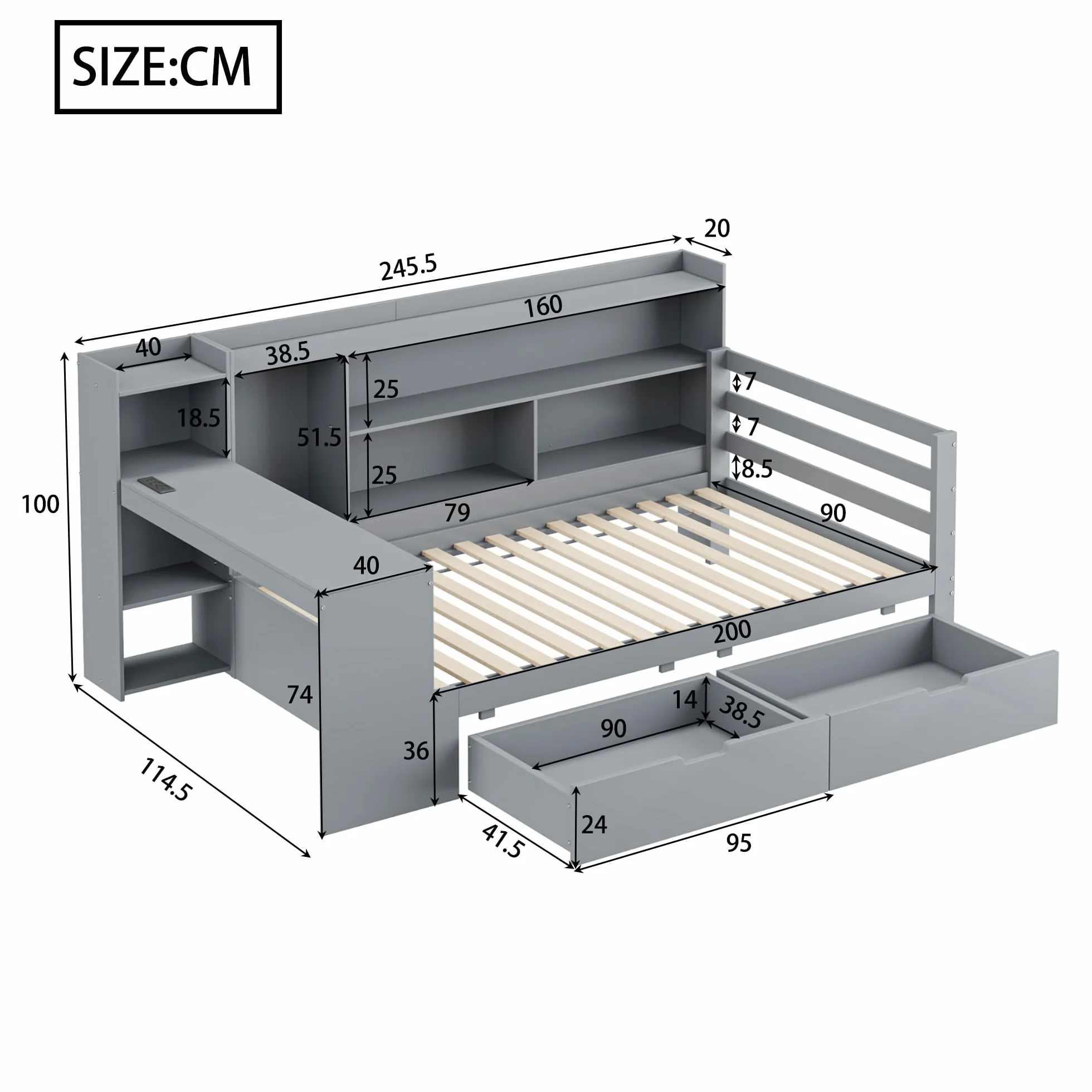 Wielofunkcyjna sofa z funkcją spania z litego drewna z wbudowanym biurkiem, gniazdkiem i miejscem do przechowywania – zajmuje mało miejsca 90 x 200 cm, w kolorze szarym do salonu, pokoju gościnnego