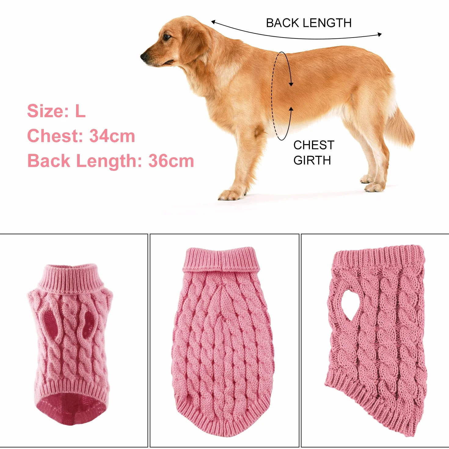 1 sztuka sweter z golfem dla psa, dzianinowa kurtka, ubrania dla zwierząt, ciepły sweter dla psa, zimowy ciepły sweter dla psa, akcesoria dla zwierząt (L, różowy)
