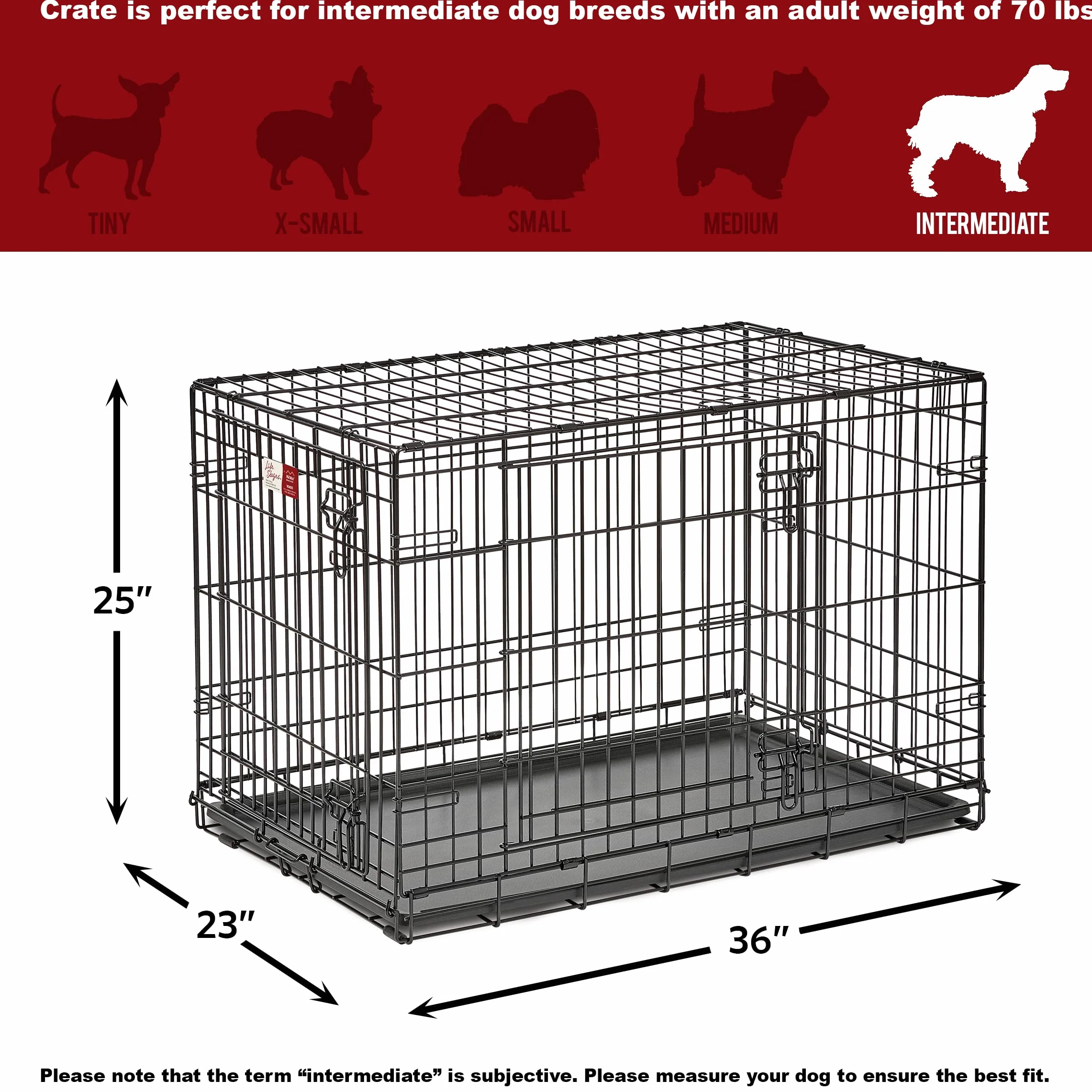 MidWest Homes for Pets Newly Enhanced Life Stages podwójne drzwi, średnia składana metalowa skrzynia dla psa z przegrodą, chroni podłogę, szczelna patelnia dla psa, z psem, czarna, 1636DDU