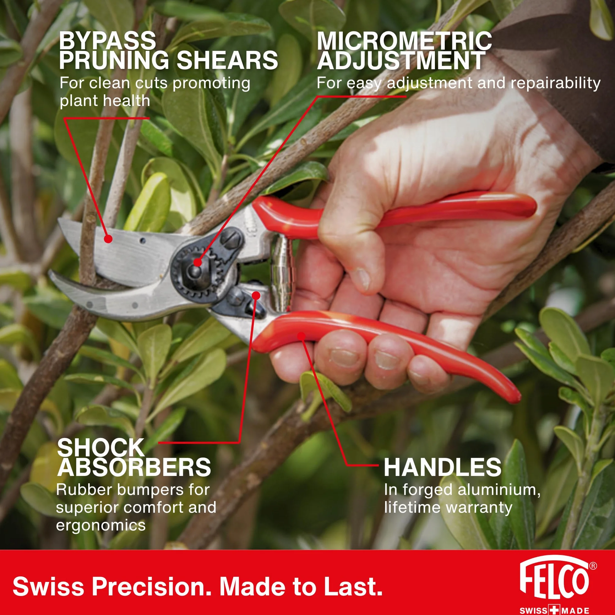 FELCO 2 sekator bypass profesjonalny praworęczny, ostrze 41 mm stal hartowana, kuty aluminiowy uchwyt, precyzyjne cięcie do 25 mm, szwajcarskie narzędzie ogrodowe
