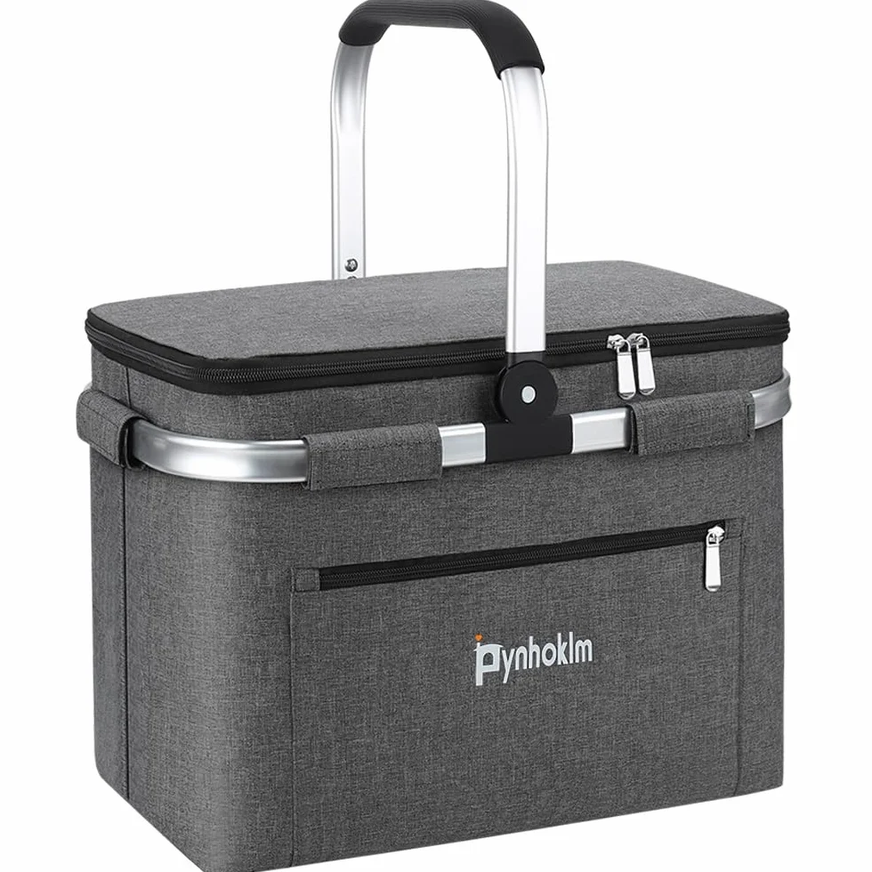 Składany kosz na zakupy, 30 l, z funkcją chłodzenia, składany kosz z pokrywką, obciążenie 25 kg, torba na zakupy jako kosz piknikowy, kosz termiczny, elegancki worek na zakupy tygodniowe /