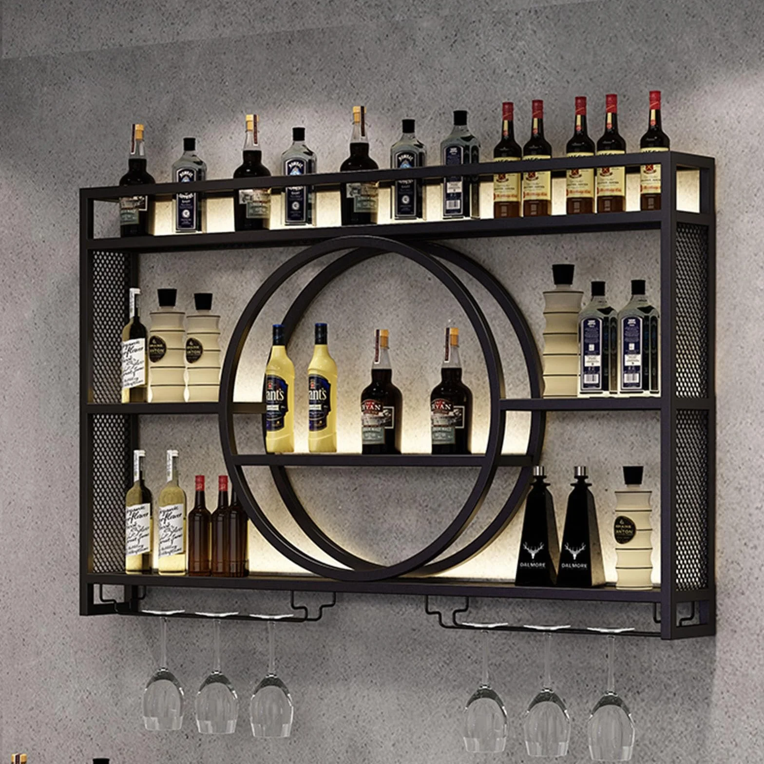 Upgrade Metal Wine Rack Wall Mounted Bar Shelves Wall Mounted With LED Light Iron Wine Shelf With Wine Glass Holder Wall Wine Racks,Bar Shelves For Liquor Bottles For Kitchen Living Room(Black,47.2in/