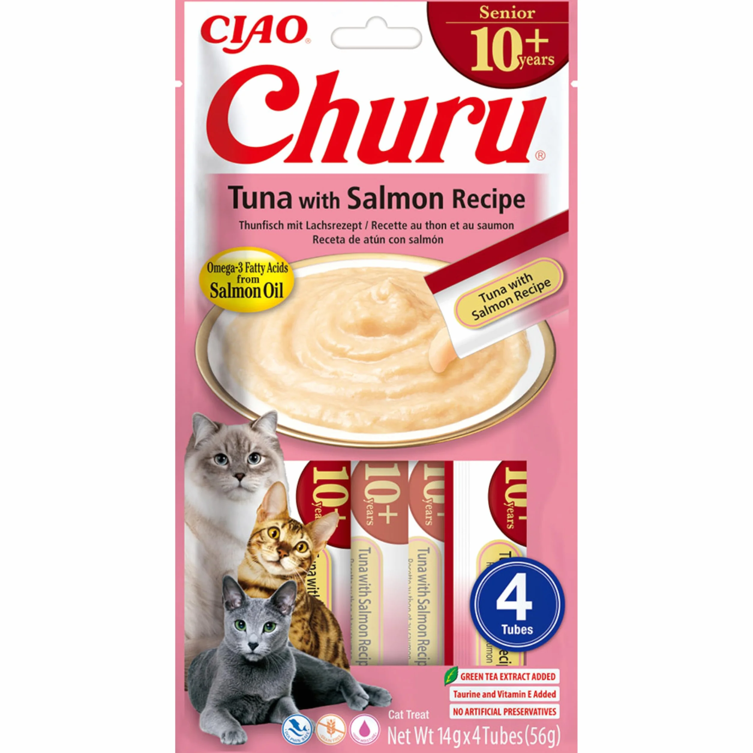 INABA Churu Puree Kremowe przysmaki dla kotów, wysokiej jakości białka z tuńczykiem i łososiem, 56 g (1 opakowanie), przekąski dla kotów w jakości premium