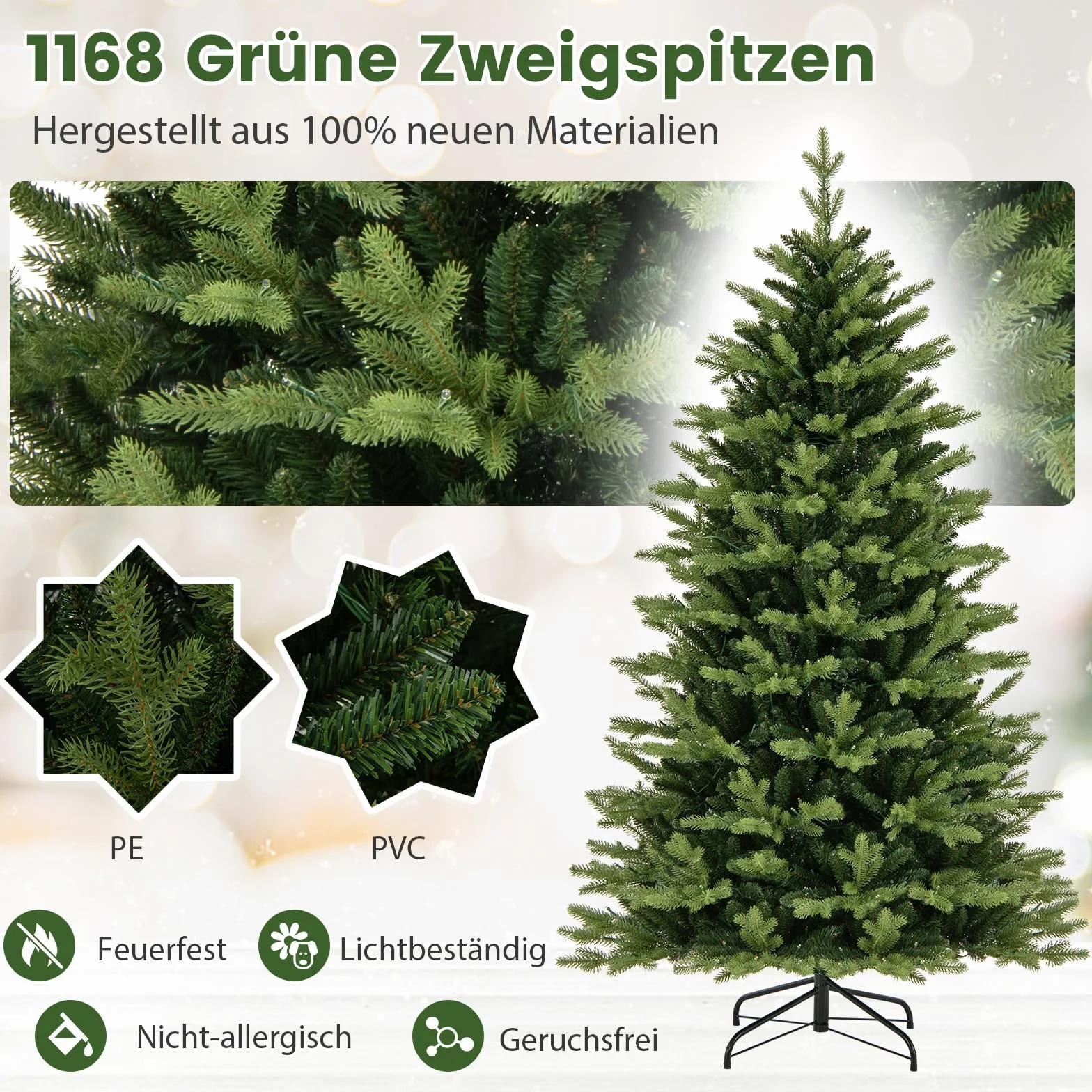 COSTWAY Sztuczna Choinka 150/180 cm z Oświetleniem LED, Podświetlana Bożonarodzeniowa z 11 Trybami Świecenia, Wielokolorowa i Ciepła Biel, Do Domu, Biura