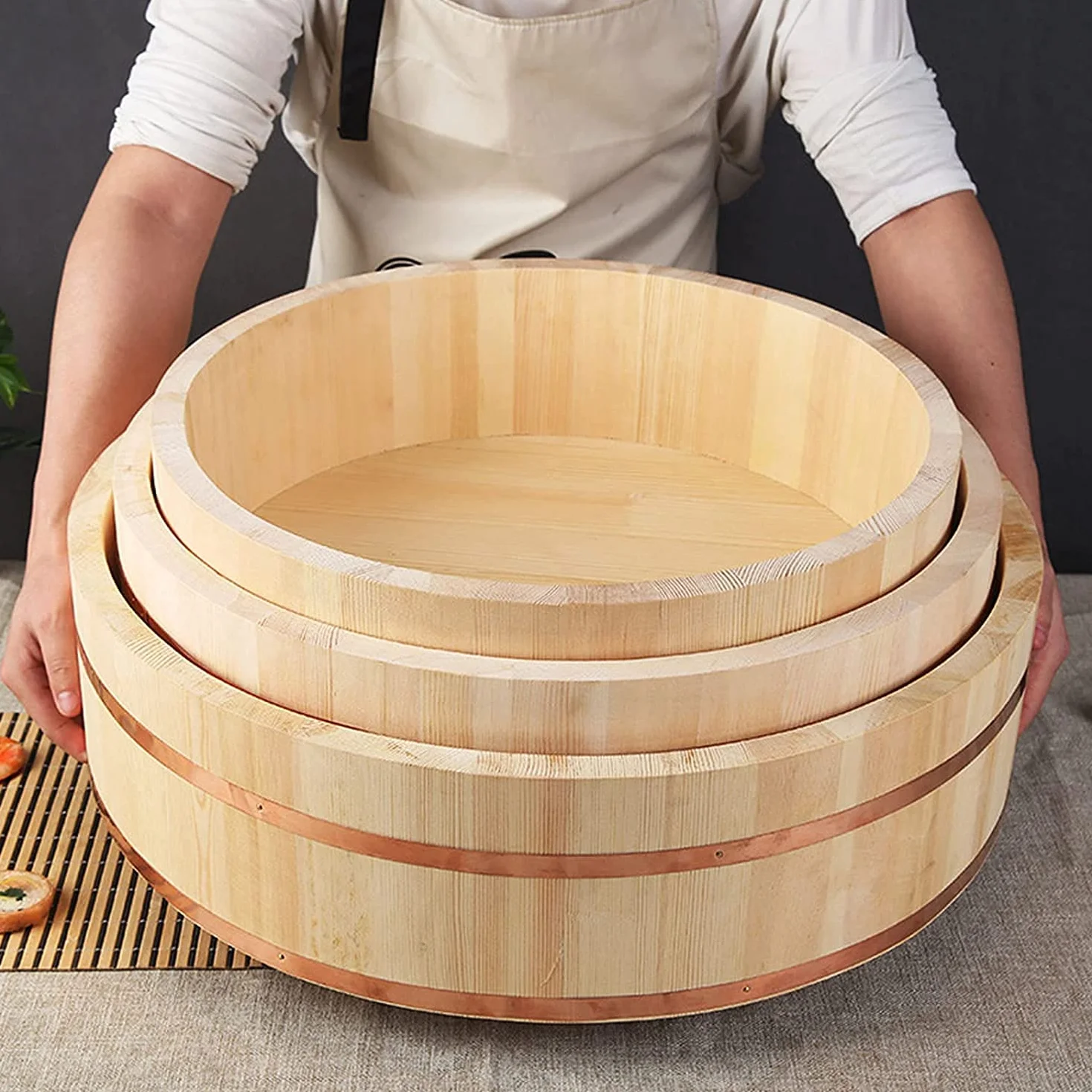 Adima Japońska drewniana Hangiri sushi miska do mieszania ryżu z miedzianą opaską sushi oke biała sosna drewno do sushi restauracji domu kuchni 12 rozmiarów, 27 x 7,5 cm