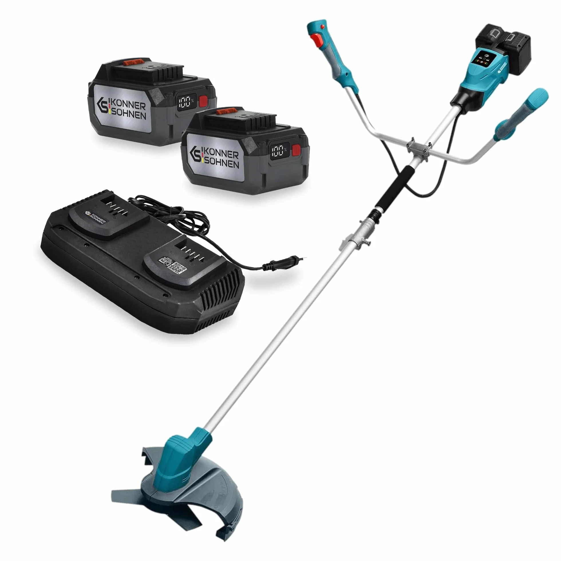 K&S Könner&Söhnen Zestaw Akku-Rasentrimmer KS BCT-40V, Nennspannung 40 (20+20), Messer 3 Zähne, Schnittdicke 2 mm, + Ladegerät für Li-Ion Akku KS C35A-2 + Li-Ion Akku 20V KS 20V4-1 (2 szt. )),Akku