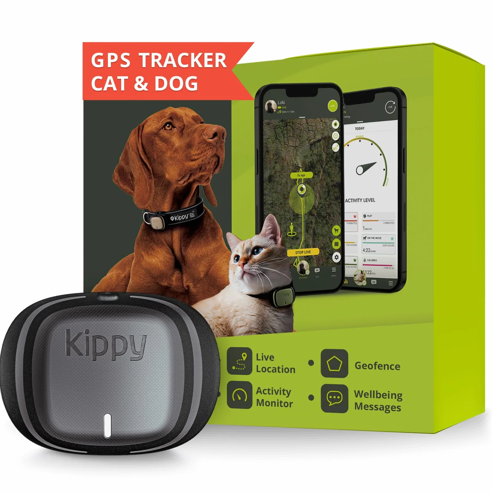 Kippy EVO Obroża GPS Monitor Aktywności dla Psa Kota 38g Wodoodporna Bateria 7 dni Kamiennoszary