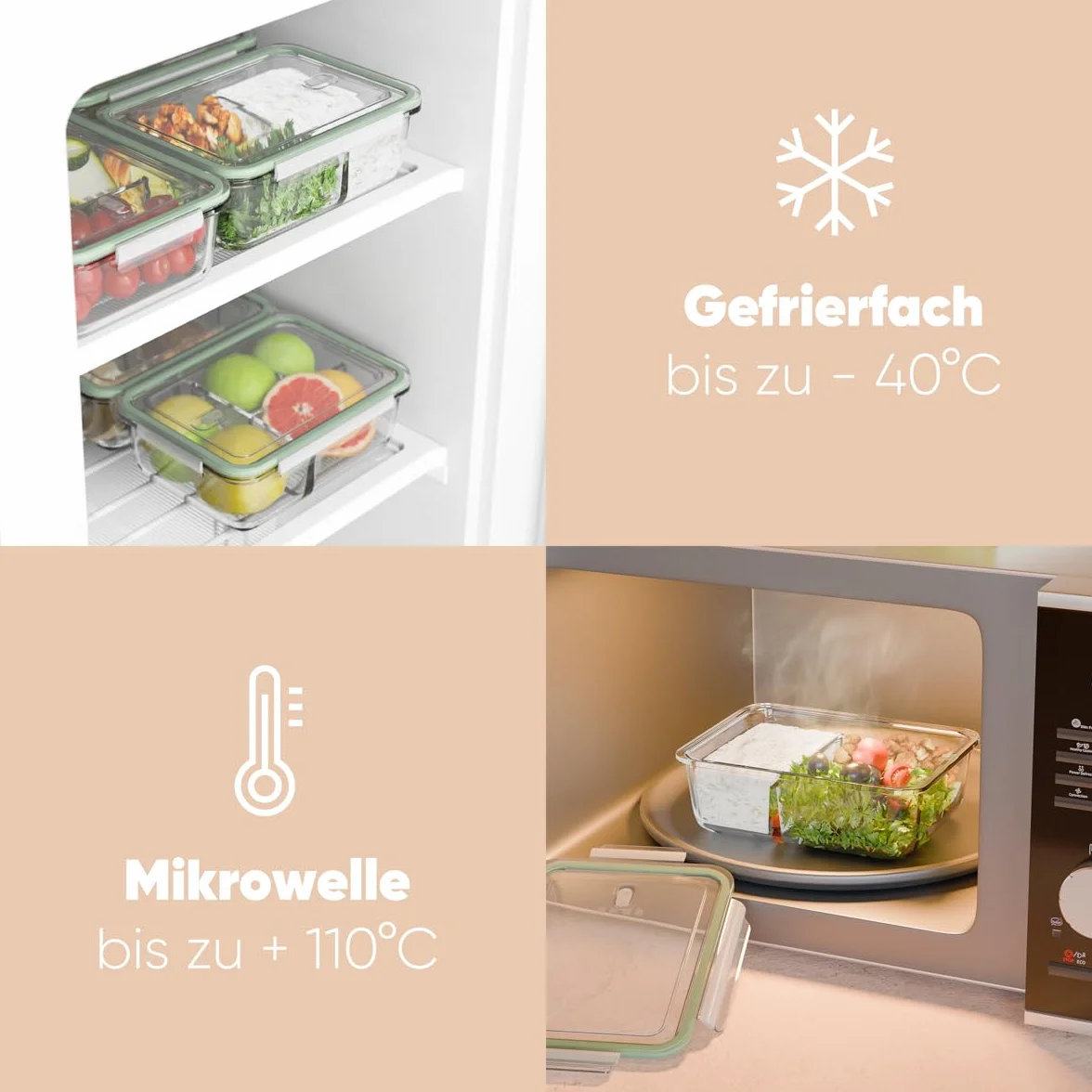 Meal Prep pojemniki szklane z przegródkami, zestaw 3 sztuk, szklane pojemniki z pokrywką, nadają się do zmywarki, kuchenki mikrofalowej i piekarnika, pojemniki na żywność, szklane z