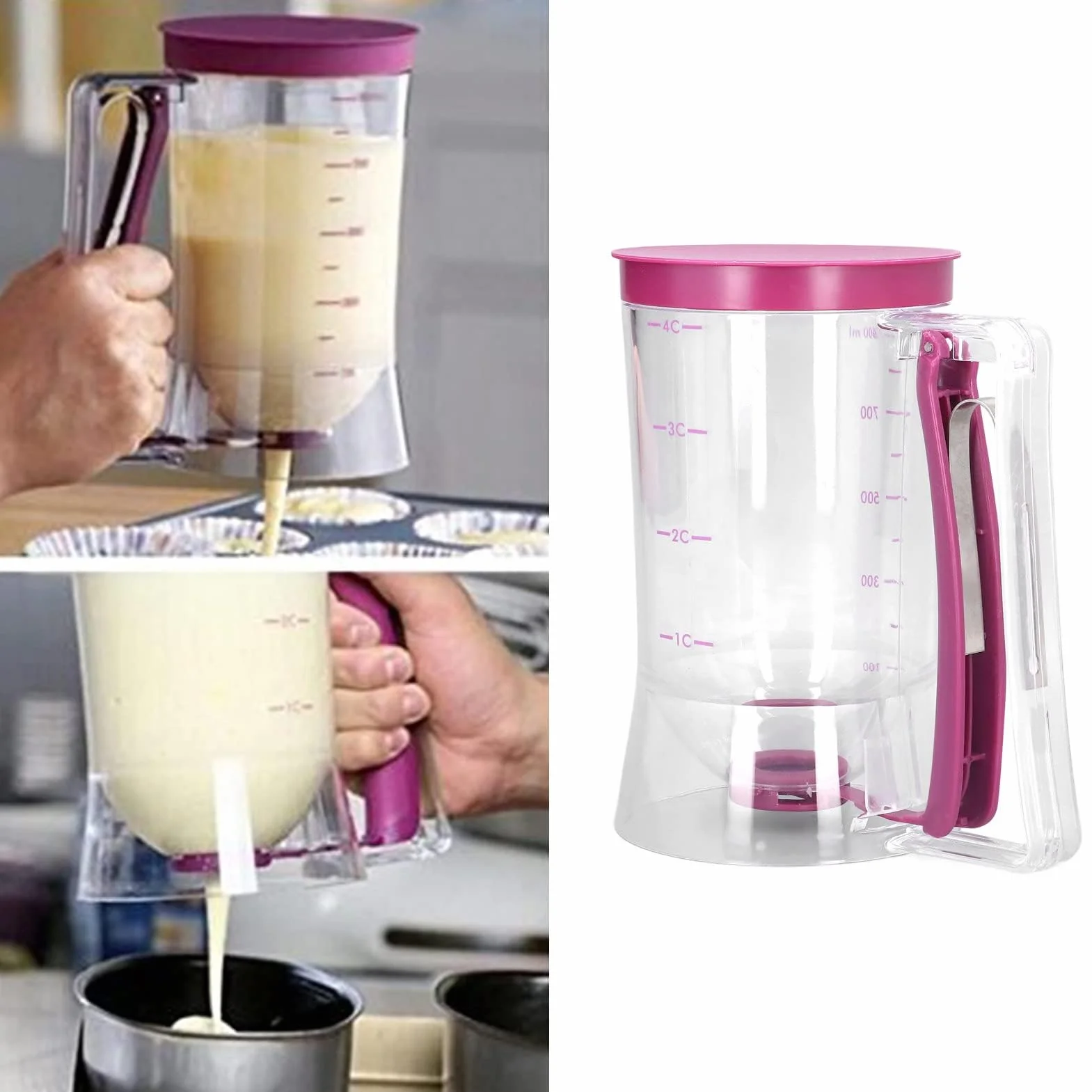 Dozownik do ciasta, dozownik ciasta, miarka, dozownik do ciast, z pokrywką i skalą, do babeczek, muffinek, naleśników, wafli, wylewania ciasta, 900 ml