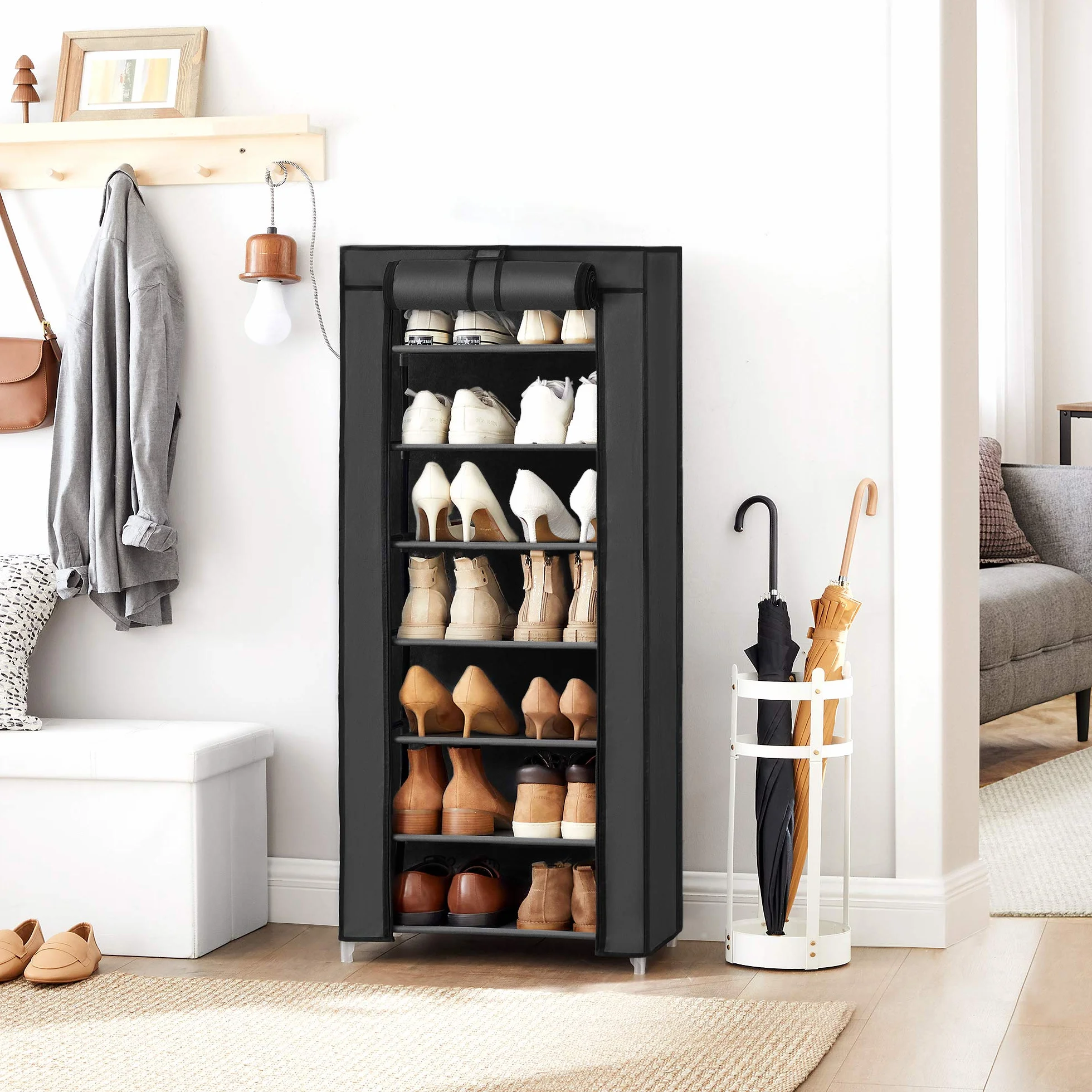 SONGMICS RXJ024B02V1 Regał na buty, szafka na buty, 7 poziomów, z obiciem z materiału, pojemna, szafka z materiału, przechowywanie butów, 46 x 28 x 126 cm (dł. x szer. x wys.), czarny