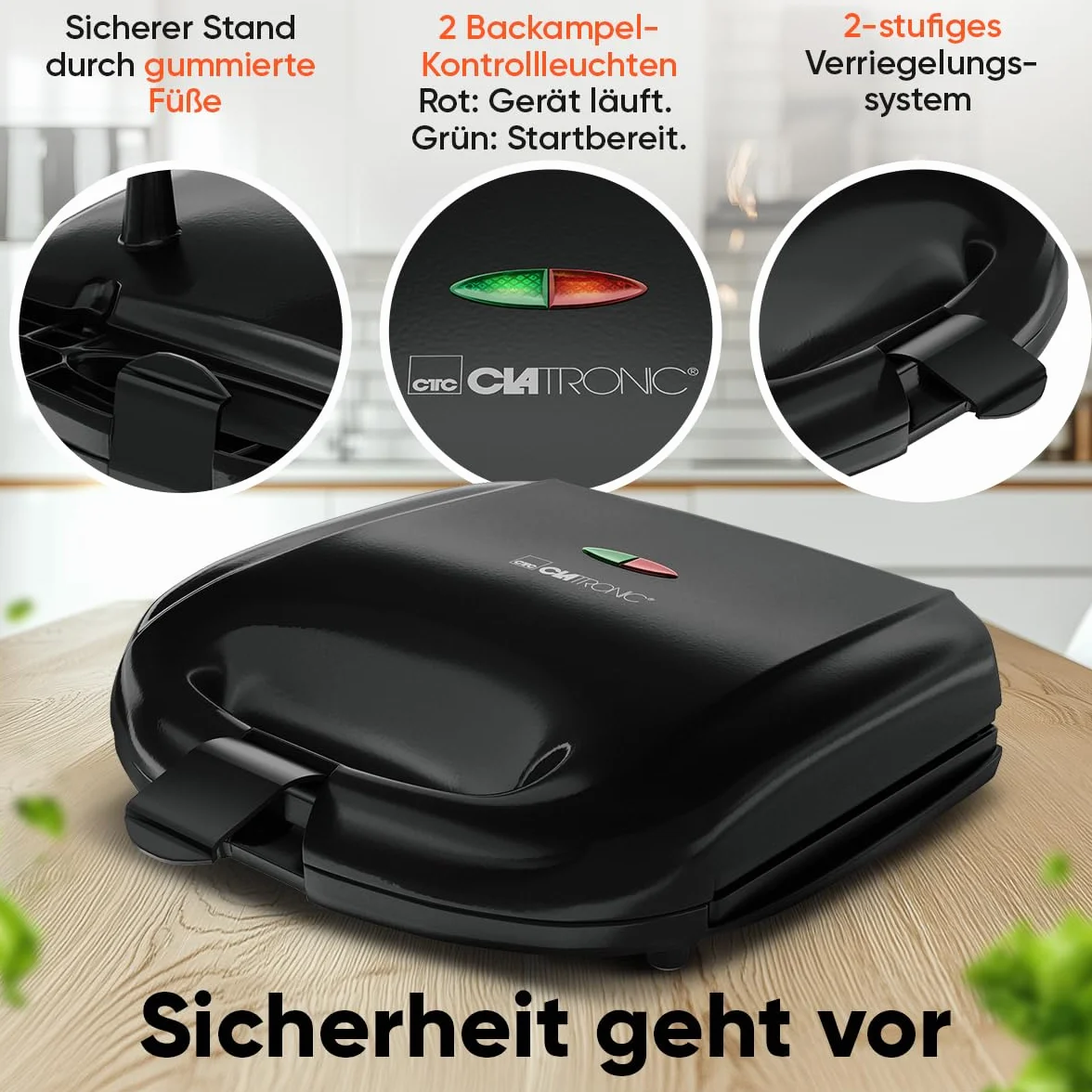 Clatronic, Urządzenie do robienia kanapek/croque-Monsieur ST3814 Czarne - kwadratowe talerze z powłoką nieprzywierającą, izolowany termicznie uchwyt, automatyczny regulator temperatury