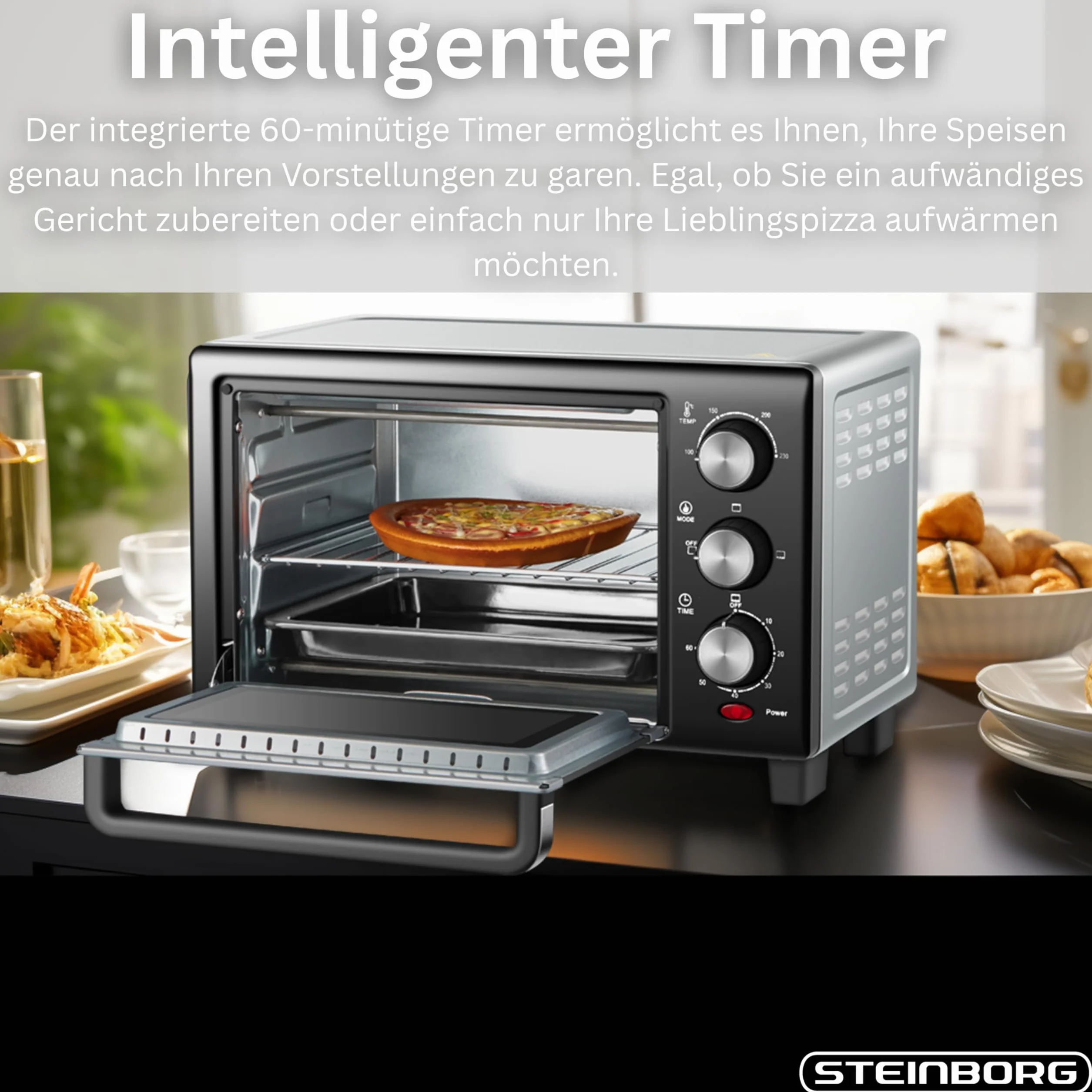 STEInBORG Mini piekarnik 15 l, piec do pizzy 3 w 1, mini piekarnik, blacha na okruchy, ogrzewanie górne/dolne, energooszczędny 60 min. timer