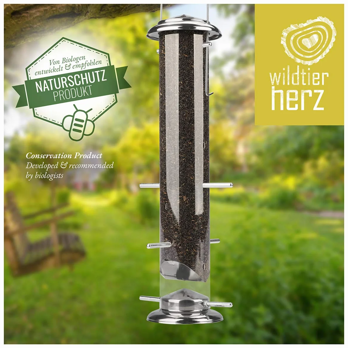 wildtier herz I 38cm karmnik dla ptaków, wykonany ze stali nierdzewnej, karmnik dla ptaków, stacja karmienia ptaków, karmnik dla dzikich ptaków silos, srebrny