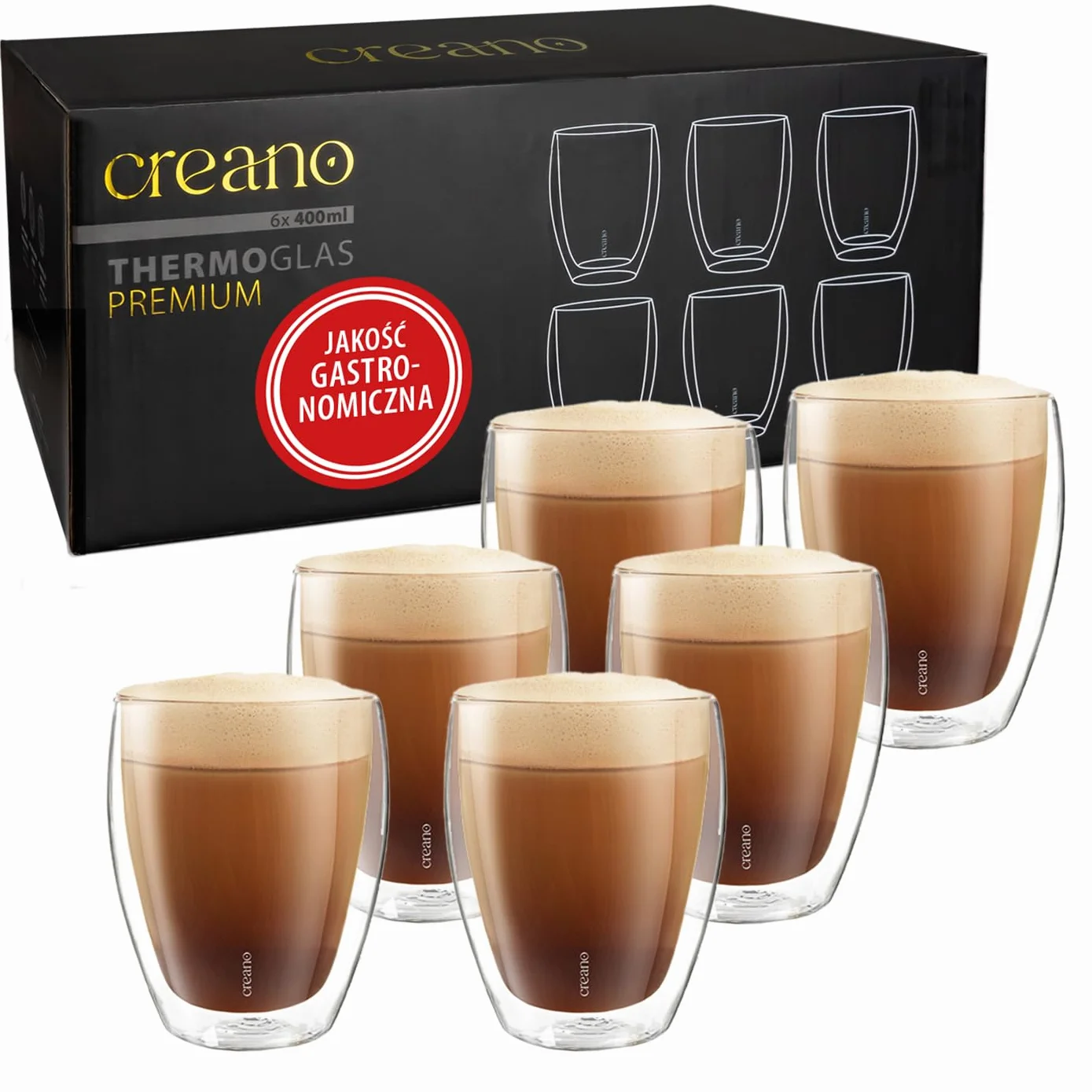 Creano PREMIUM Szklanki Dwuścienne 400 ml – Zestaw 6 szt. – ŚWIATOWA NOWOŚĆ | W 100% przystosowane do mycia w zmywarce dzięki uszczelnieniu GastroSeal – jakość dla gastronomii – szkło dwuścienne