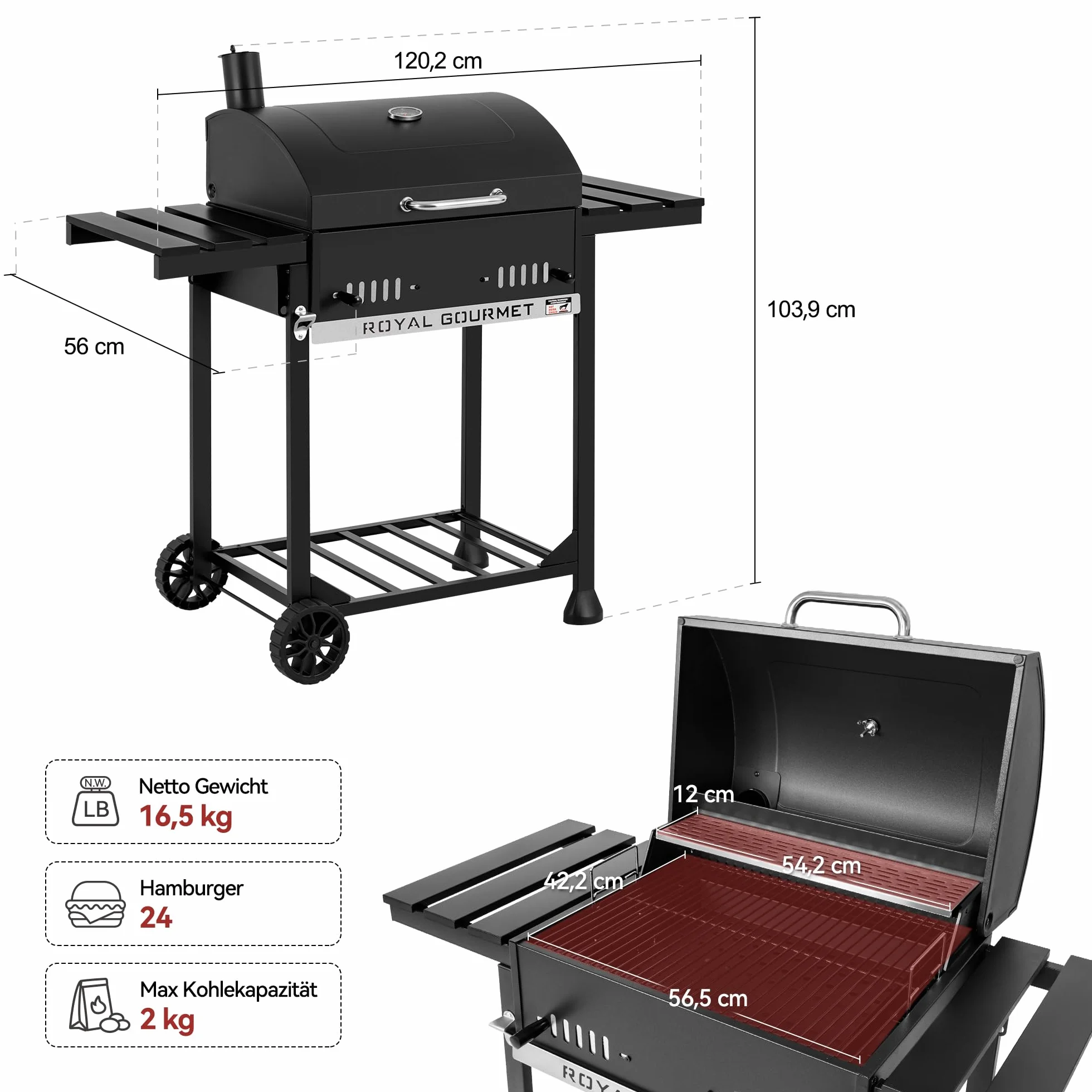 Royal Gourmet Grill na węgiel drzewny, grill na kółkach ze składanymi półkami bocznymi, grill stojący z Decekl, termometr, grill węglowy, czarny