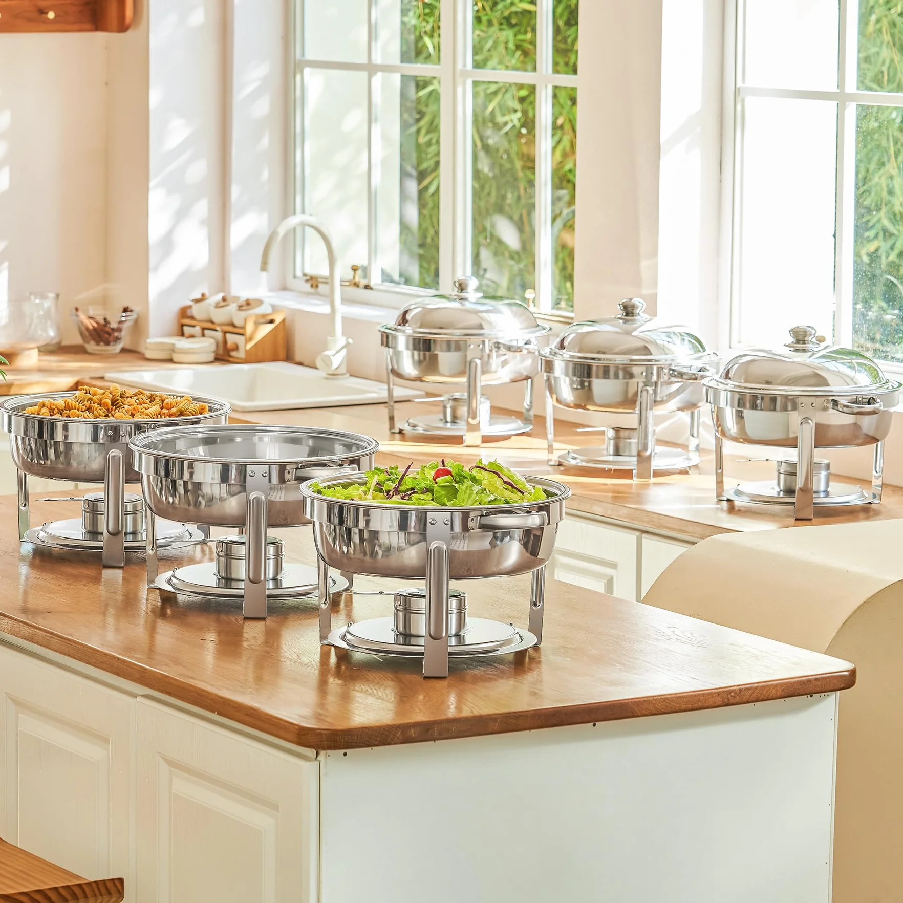 Wilprep podgrzewacz 5L 6-częściowy zestaw okrągłych pojemników termicznych ze stali nierdzewnej Chafing Dishes podgrzewacz do potraw, pojemnik termiczny, podgrzewacz do zup Bain Marie pojemnik do