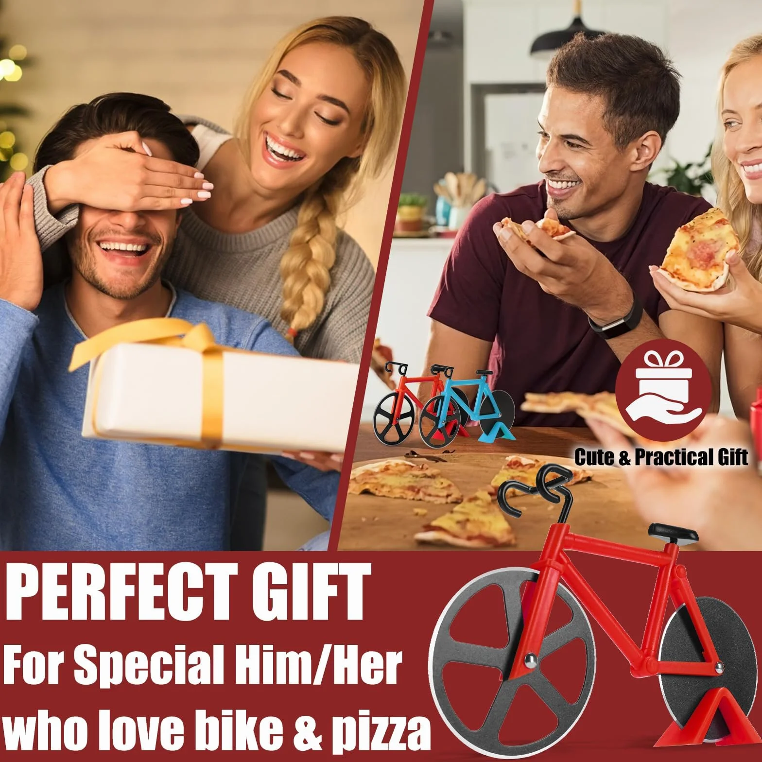Krajalnice do pizzy, krajalnica do pizzy do roweru, profesjonalne ostrze do pizzy, podwójna stal nierdzewna, super ostre ostrza z powłoką nieprzywierającą, zabawna krótka pizza, czerwony