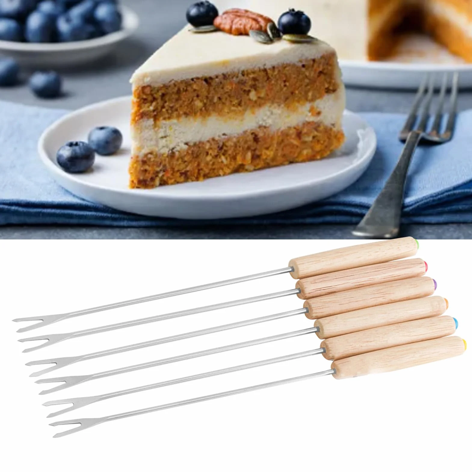 Widelce do Fondue ze Stali Nierdzewnej, Opakowanie 6 szt., Szaszłyki do Fondue Wielokrotnego Użytku, Drewniana Rączka, Idealne do Fondue Czekoladowo-serowego, Pikniki, Kemping