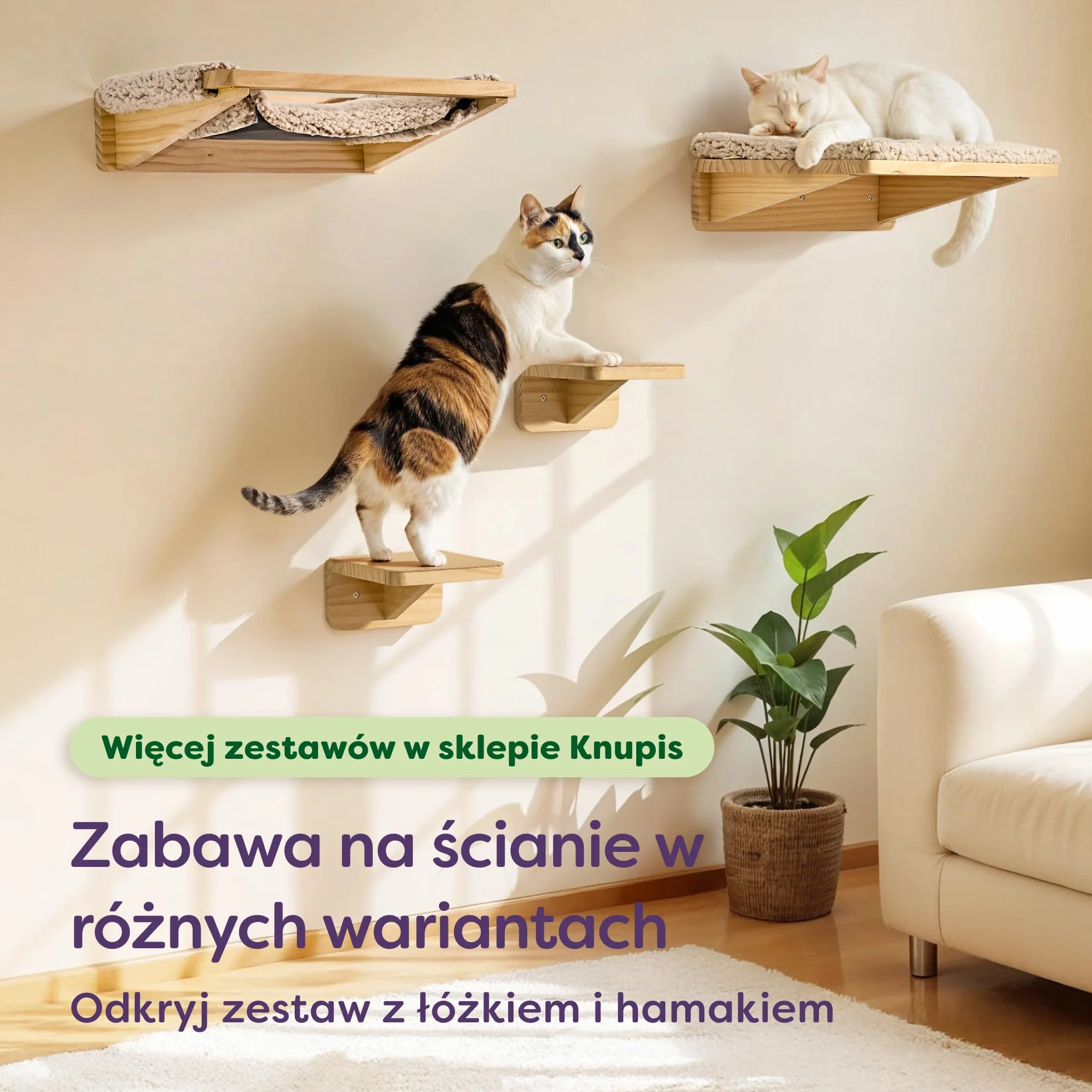 Ścianka Wspinaczkowa Dla Kotów - 3 Ścianka Schodowa Dla Kotów - Fsc® Drewno Sosnowe - Antypoślizgowa Włóknina - Łatwy Montaż - Udźwig Do 30kg (Beż, 18x10cm, 1)