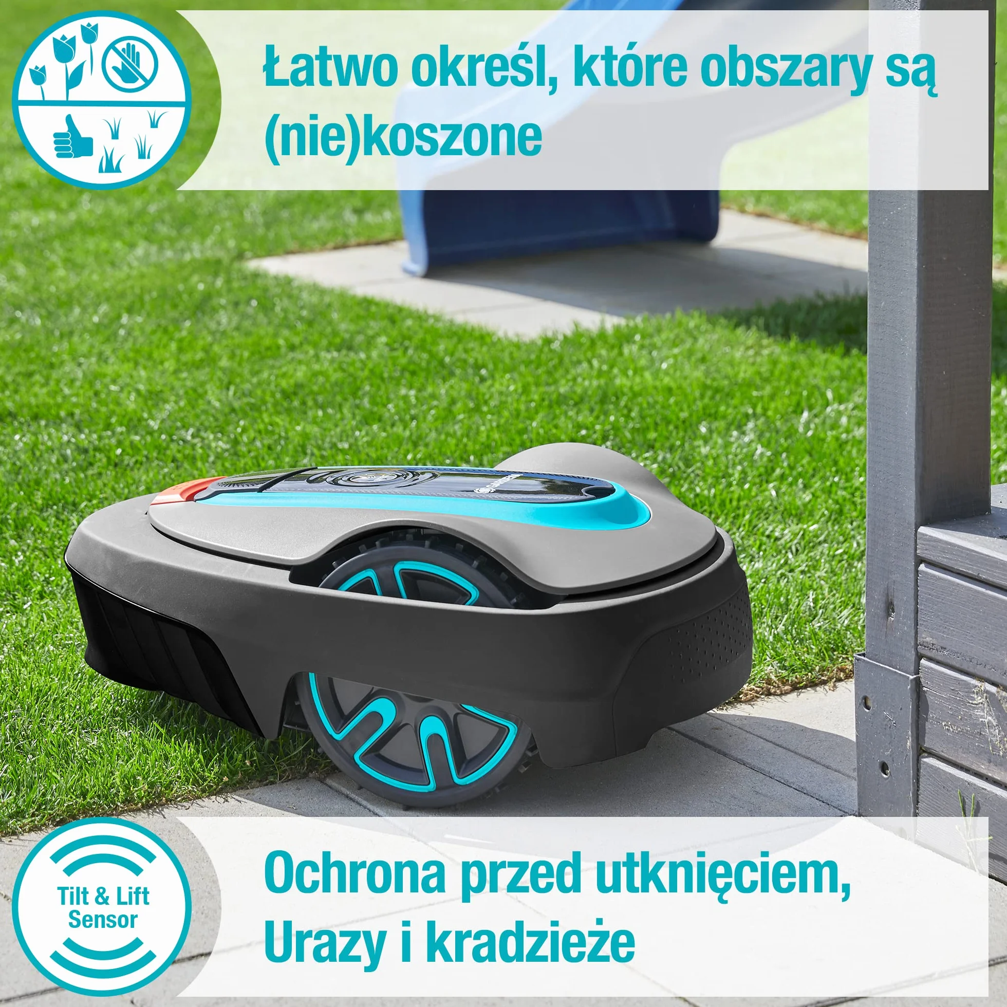 Gardena robot koszący smart SILENO life 750 m² zestaw: Nowa technologia LONA AI, sterowanie aplikacją, SensorControl, dla wzniesień do 35 procent, w tym inteligentna bramka, wersja PL (19701-72)