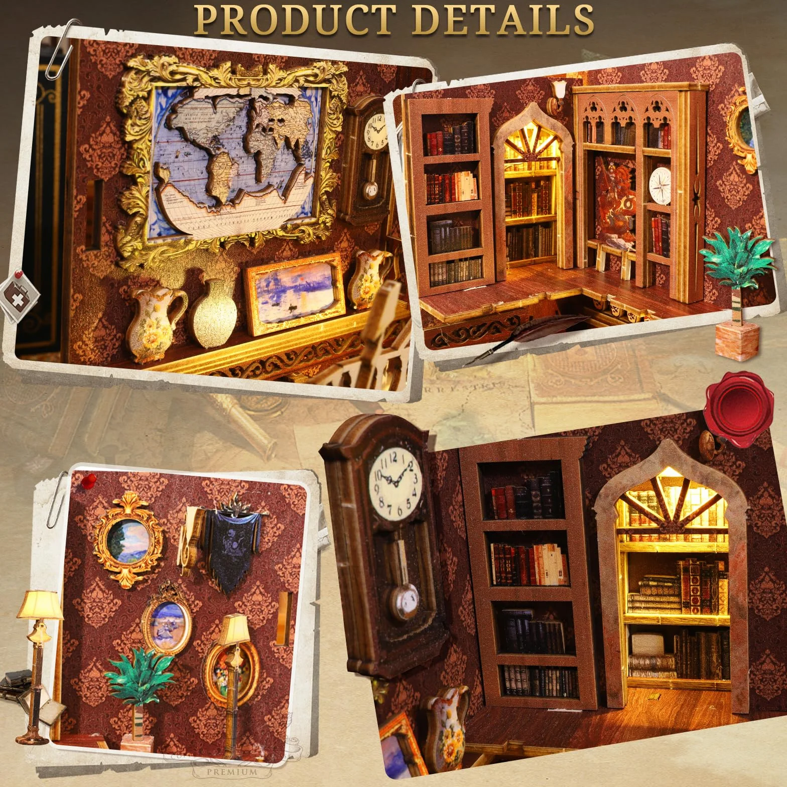 Zestaw DIY Book Nook dla lalek, podpórka do książek z oświetleniem LED, miniaturowy domek dla lalek, puzzle 3D drewniane podpórki do książek (biblioteka książek)
