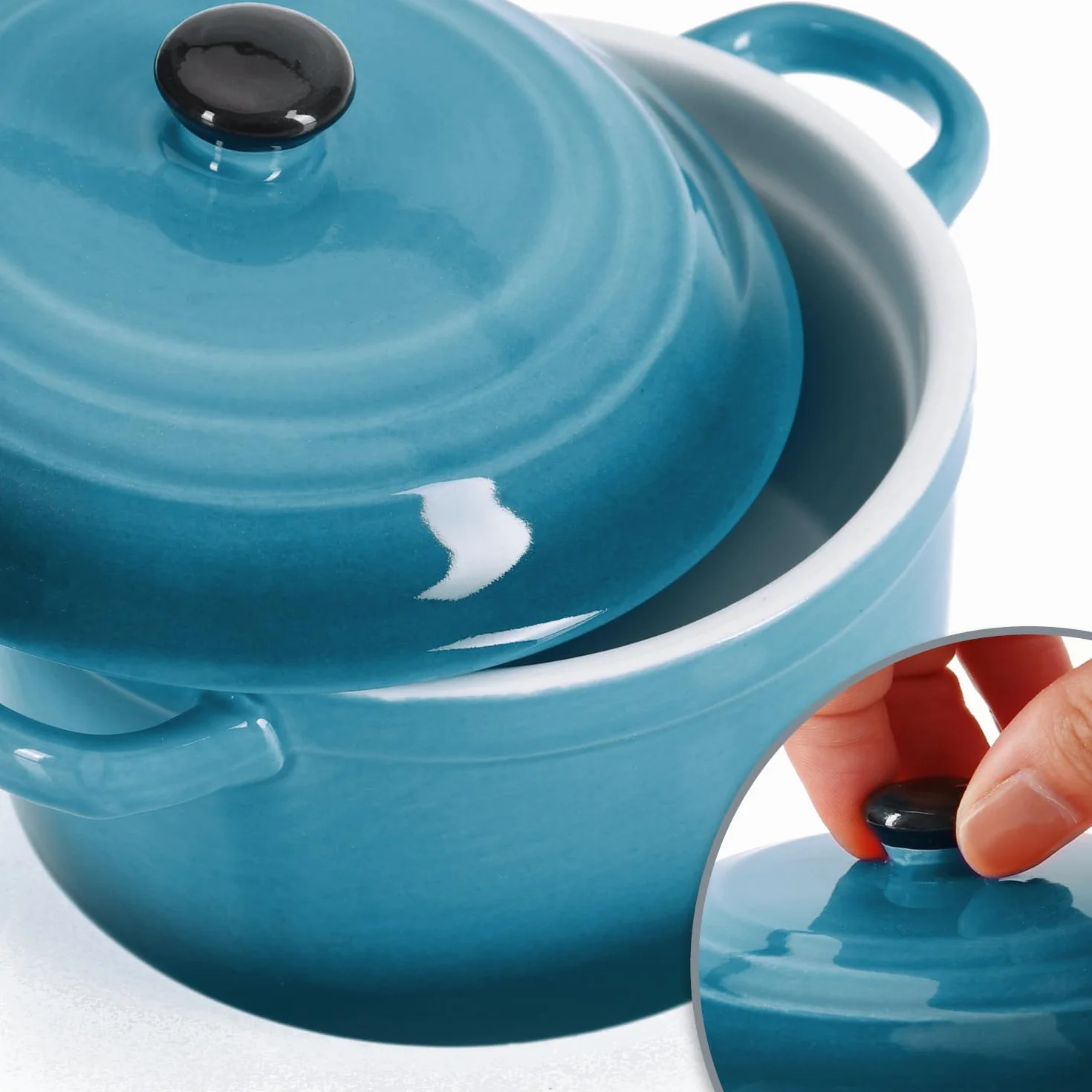 COM-FOUR® 4x naczynie zaroodporne z ceramiczna pokrywka - miseczka deserowa na crème brûlée - mini zapiekanka na ragout fin i sezonowane mieso - niebieski, ok. 300 ml na ksztalt (4 sztuki - niebieski)