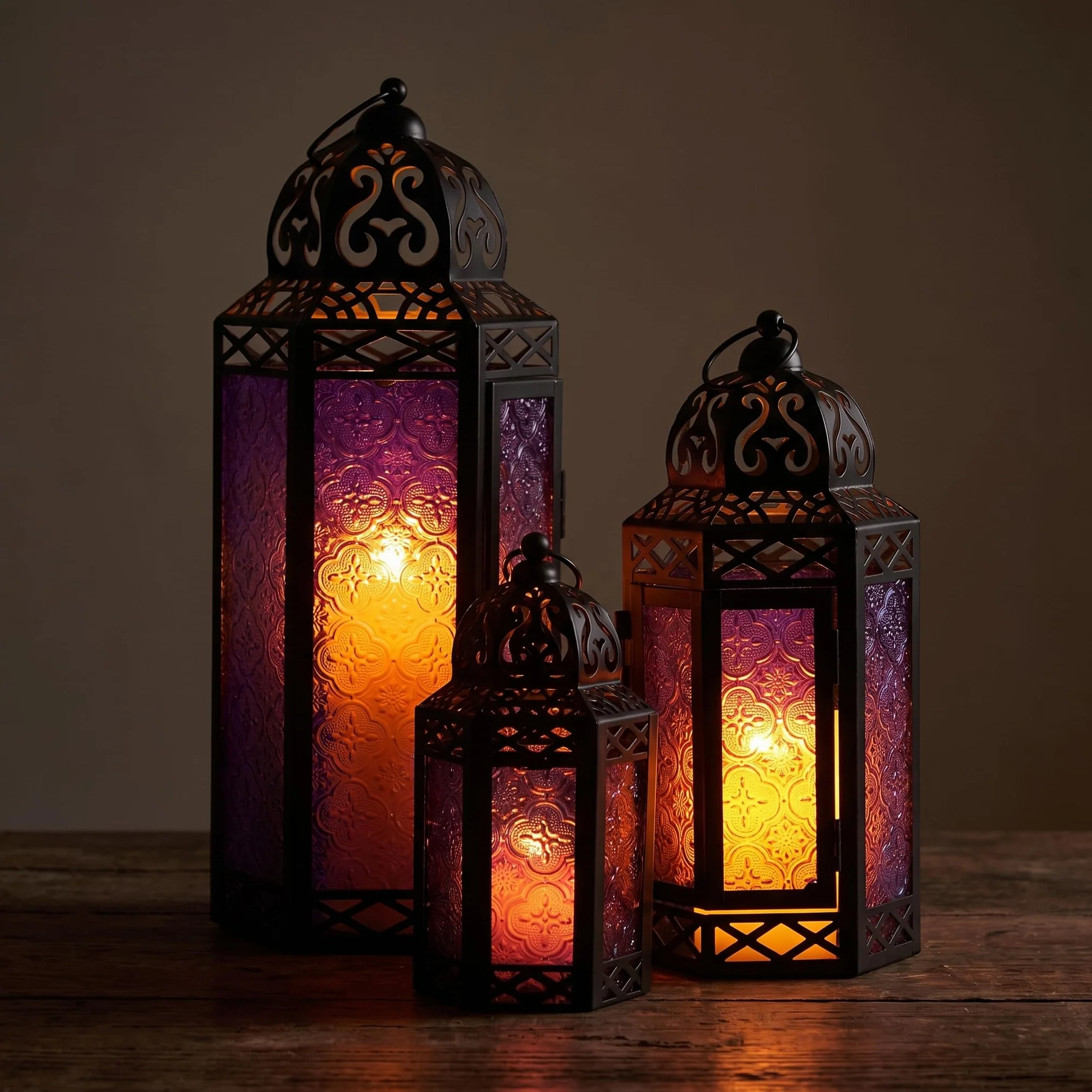 Vela Lanterns Zestaw 3 lampionów marokańskie świeczniki dekoracyjne na podłogę Ramadan dekoracja wnętrz dekoracja domu na zewnątrz patio ganek Halloween ślub fioletowy kolor