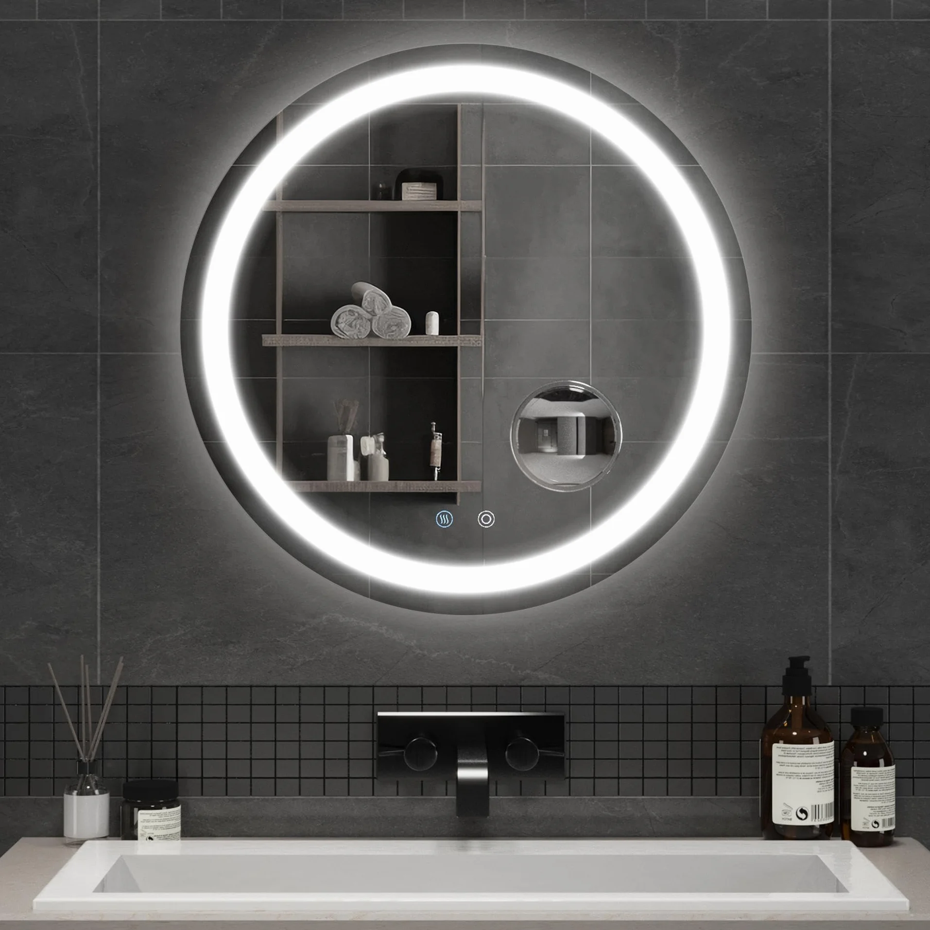 Mondeer Lustro łazienkowe LED, okrągłe, 60 cm, z włącznikiem dotykowym i powłoką zapobiegającą parowaniu, zdejmowane 5 x lupa, 3 kolory światła, możliwość ściemniania, do łazienki (3000 K - 6500 K)