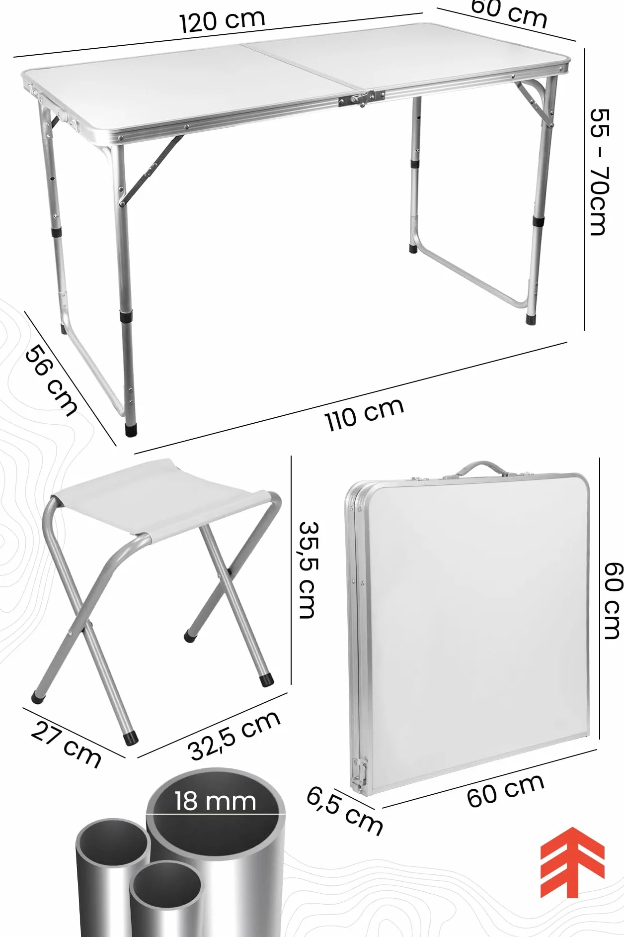 MalTec Stół kempingowy, składany stół w walizce, 120 x 60 x 70 / 60 / 54, 4 krzesła, aluminium, 3 stopnie regulacji wysokości, biały